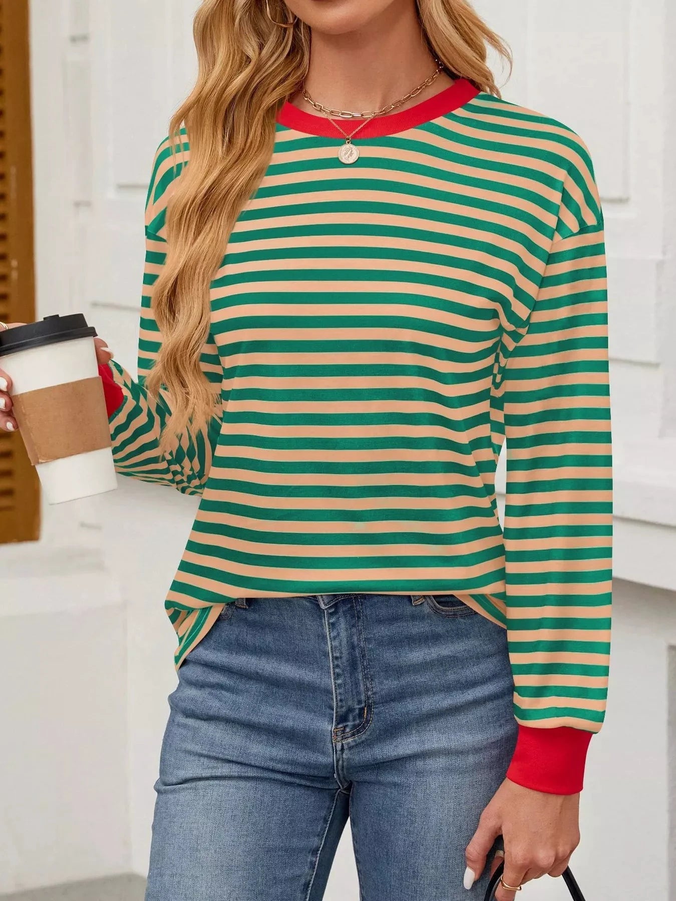 Striped Round Neck Long Sleeve T-Shirt by Trendsi