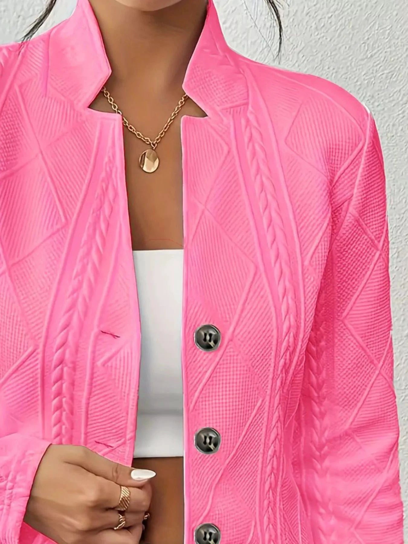Textured Knit Button-Front Blazer by Trendsi