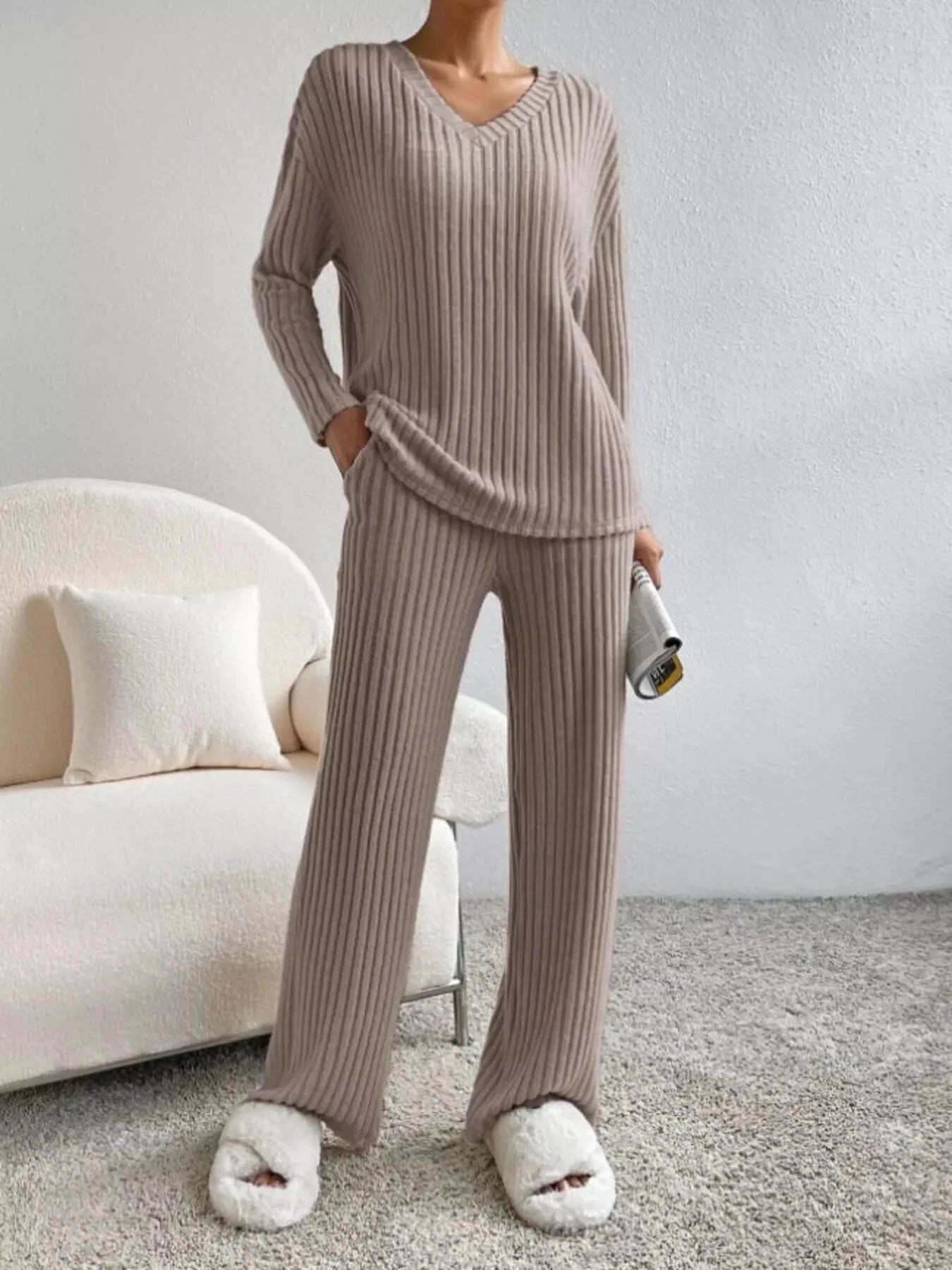 Ribbed Knit V-Neck Top and Pants Set by Trendsi
