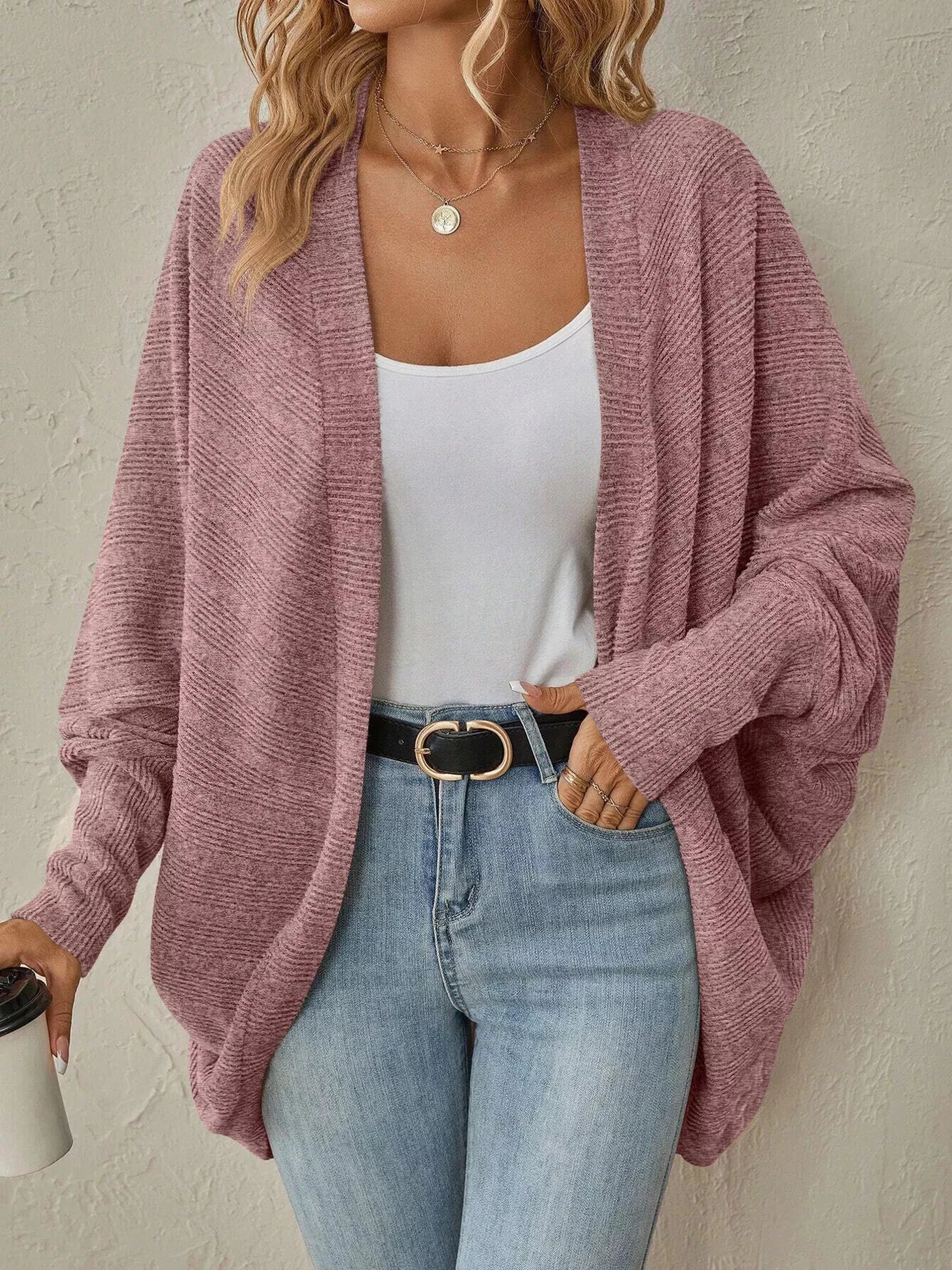 Cozy Oversized Open Front Knit Cardigan by Trendsi