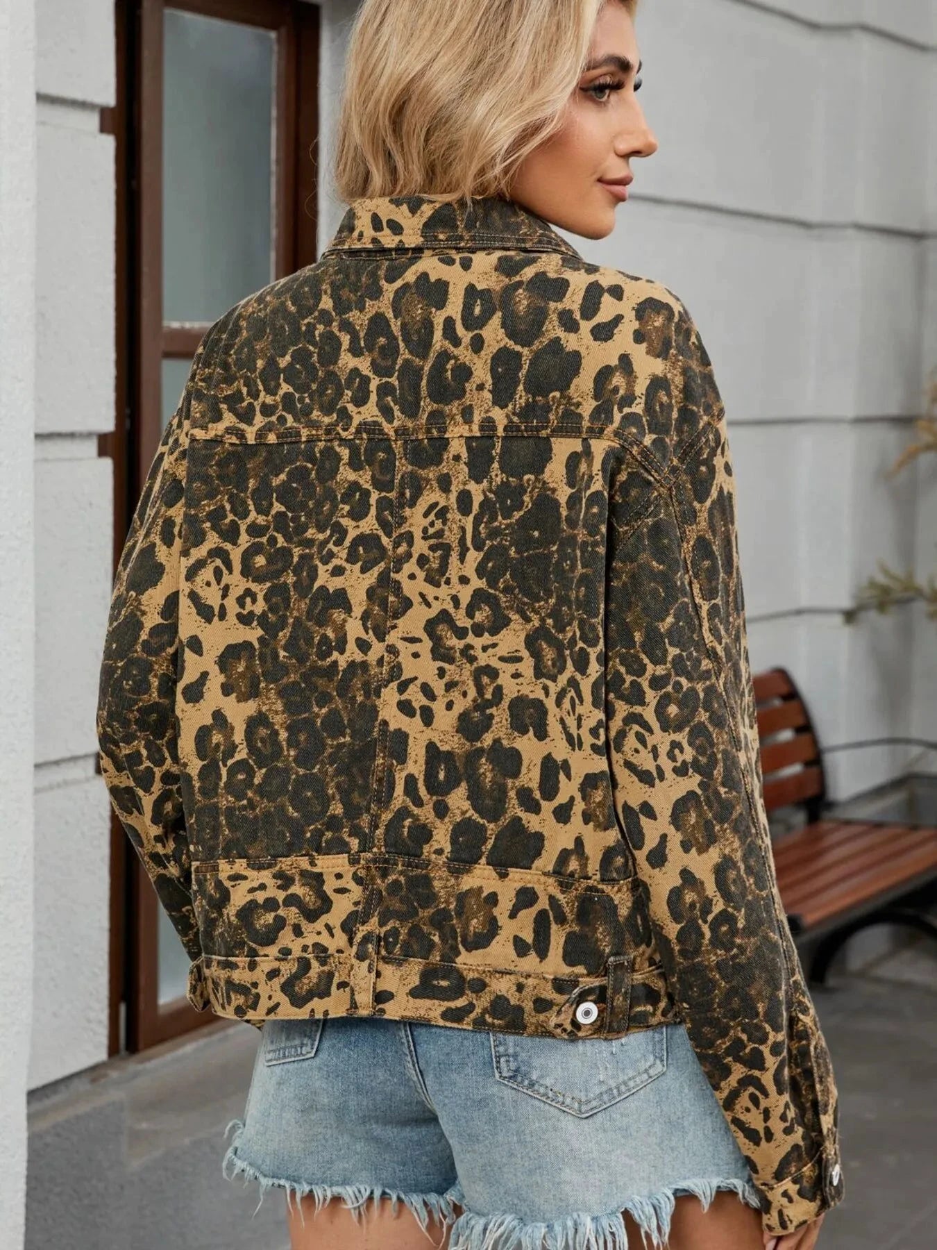 Leopard Print Button Up Denim Jacket by Trendsi