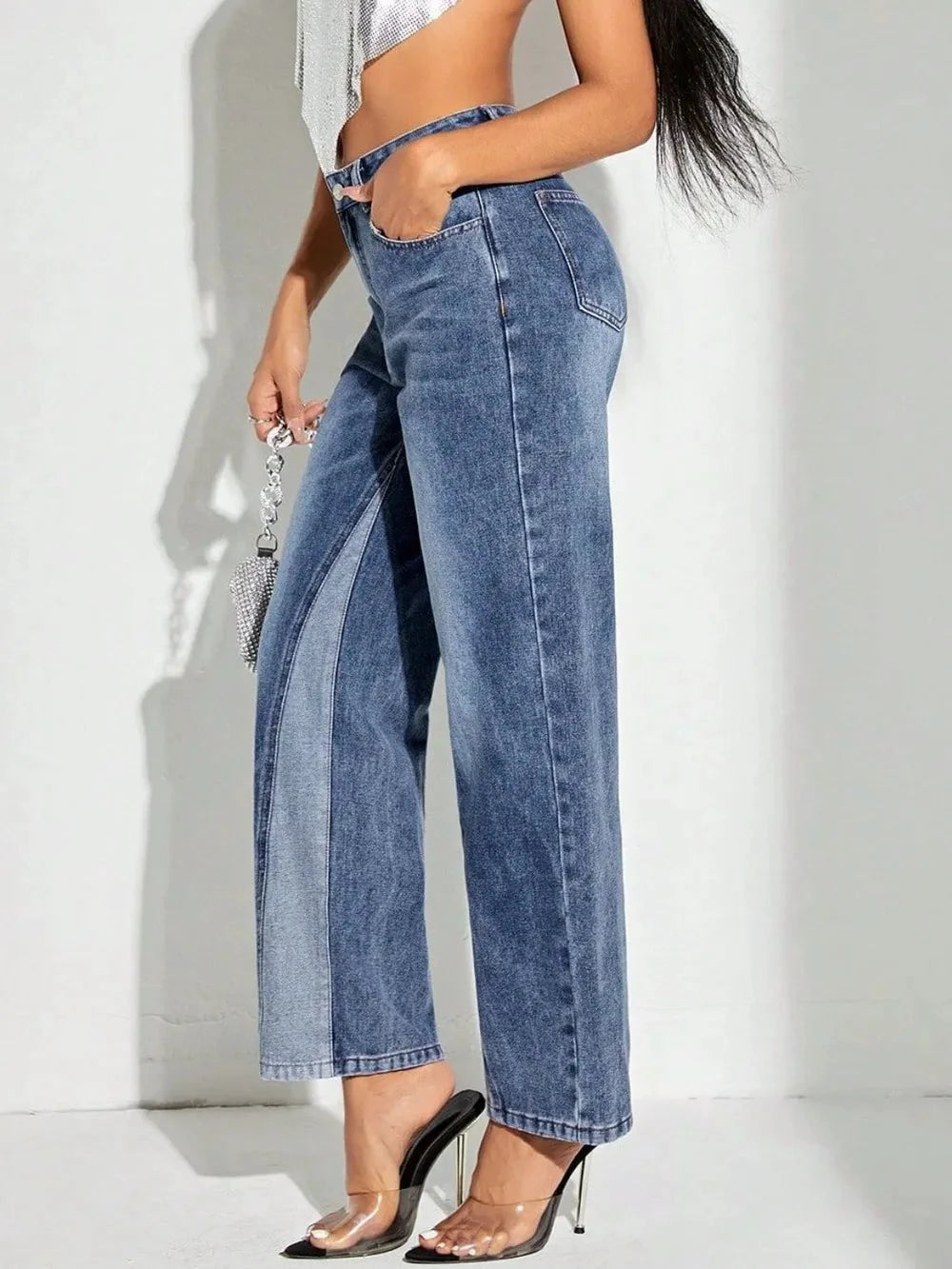 Contrast Patchwork Straight Jeans with Pockets by Trendsi