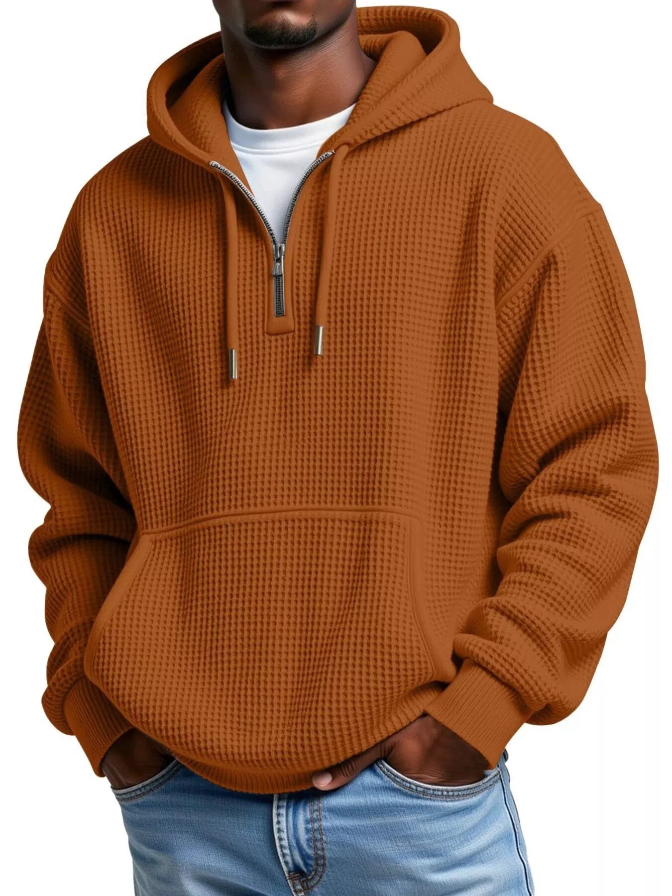 Men's Full Size Textured Waffle Knit Half-Zip Hoodie Plus Size by Trendsi