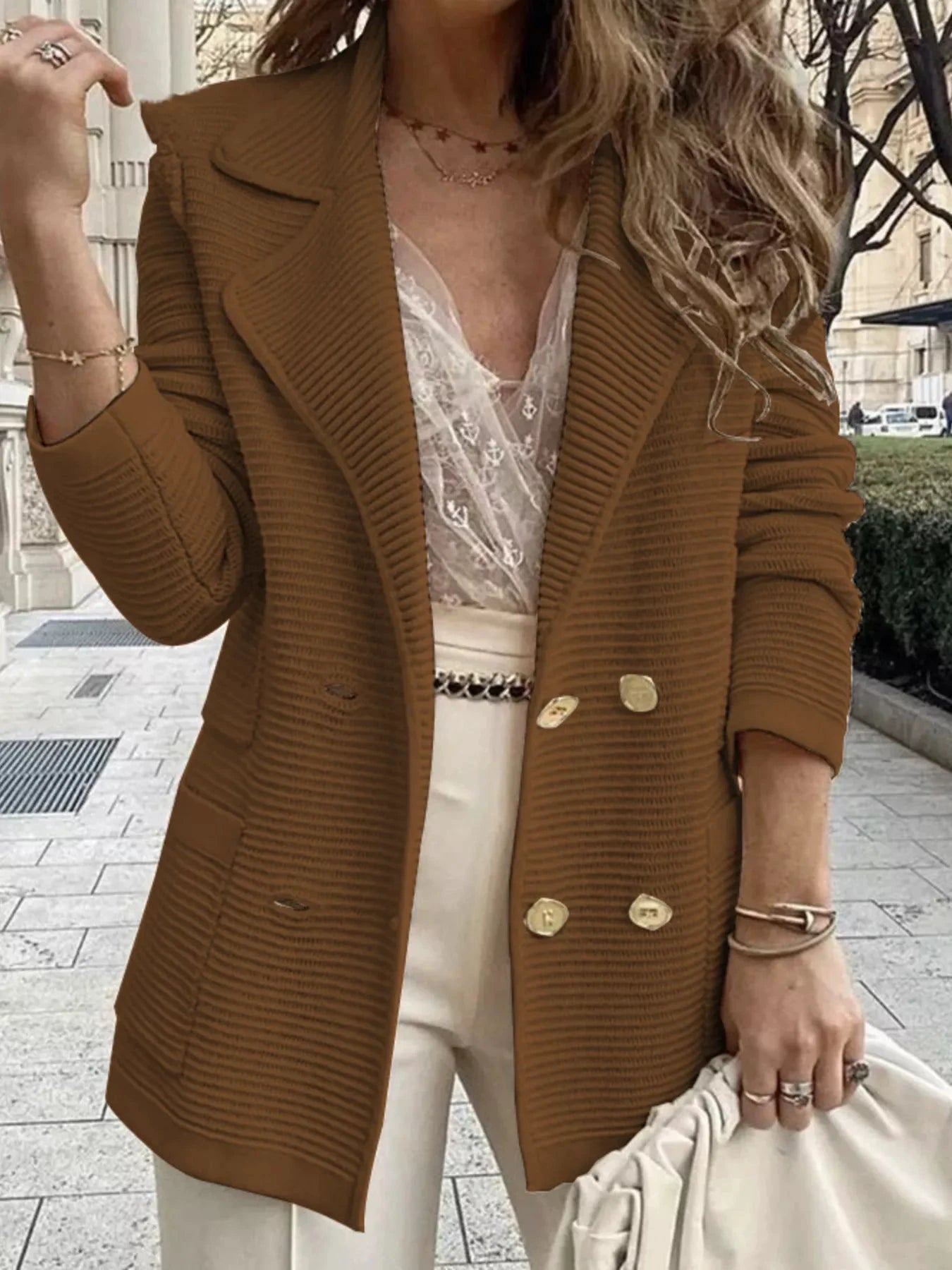 Texture Knit Double-Breasted Blazer by Trendsi