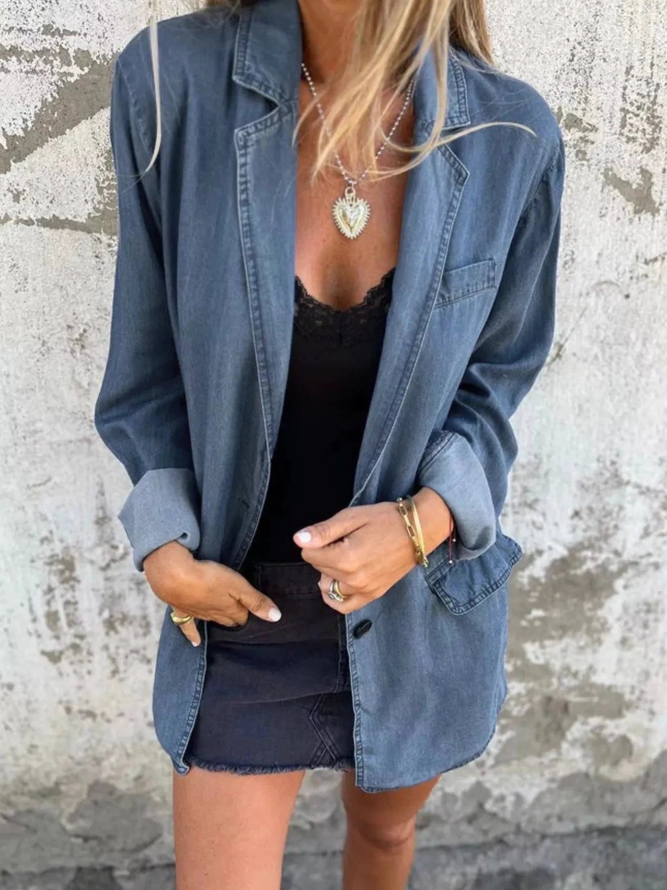 Full Size Button Down Denim Blazer Plus Size by Trendsi