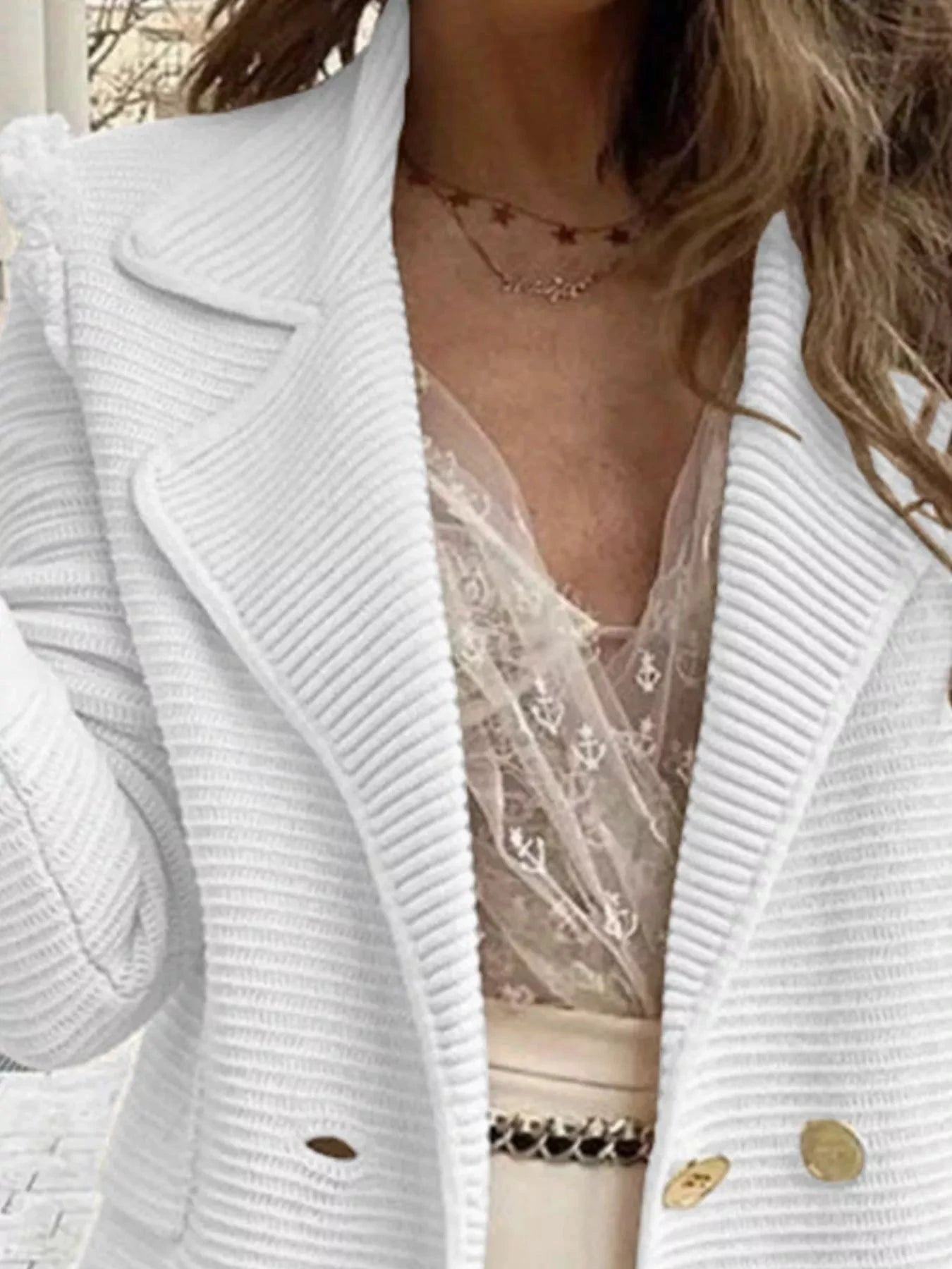 Texture Knit Double-Breasted Blazer by Trendsi