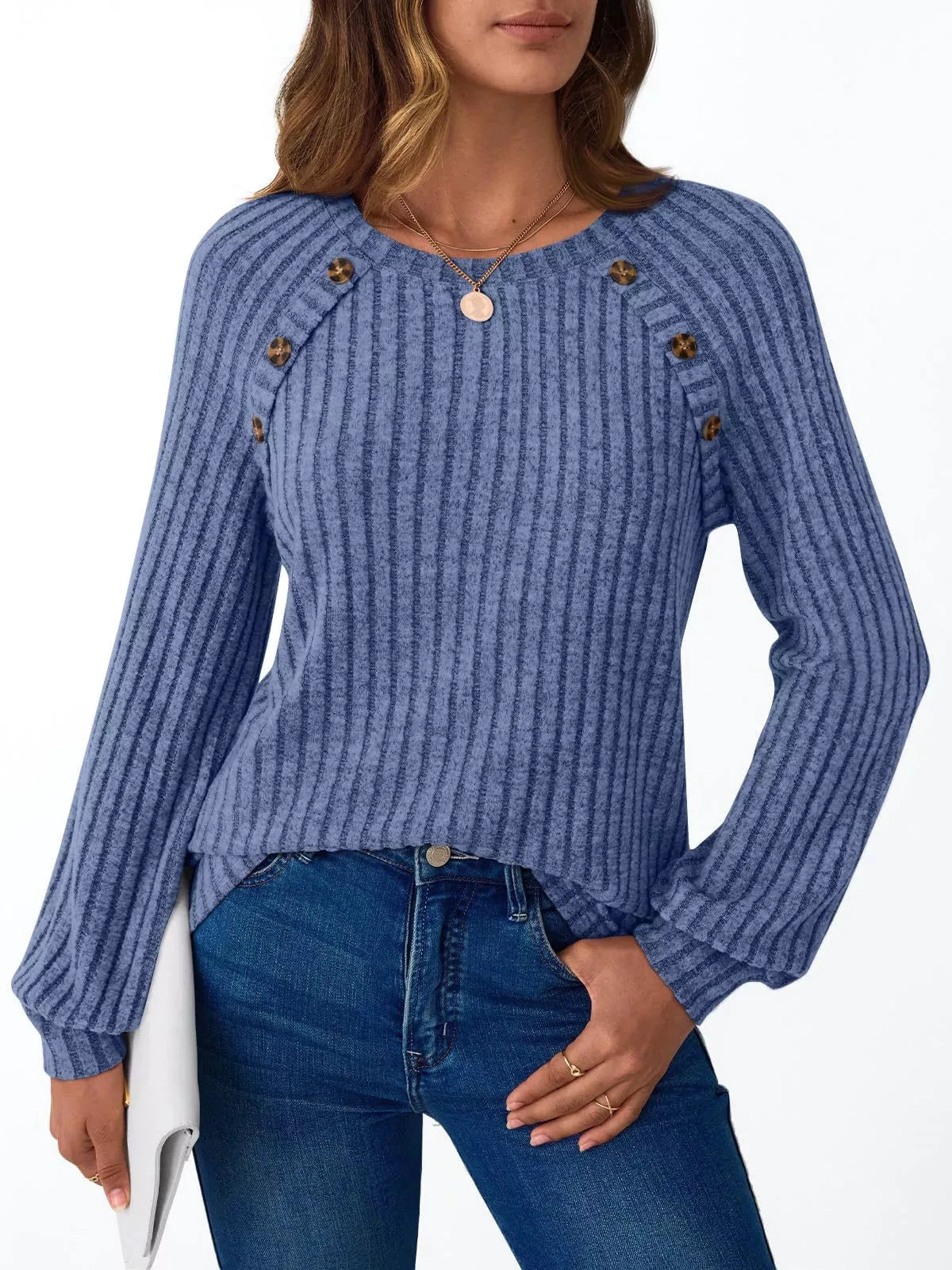 Ribbed Knit Decor Button Long Sleeve T-Shirt by Trendsi