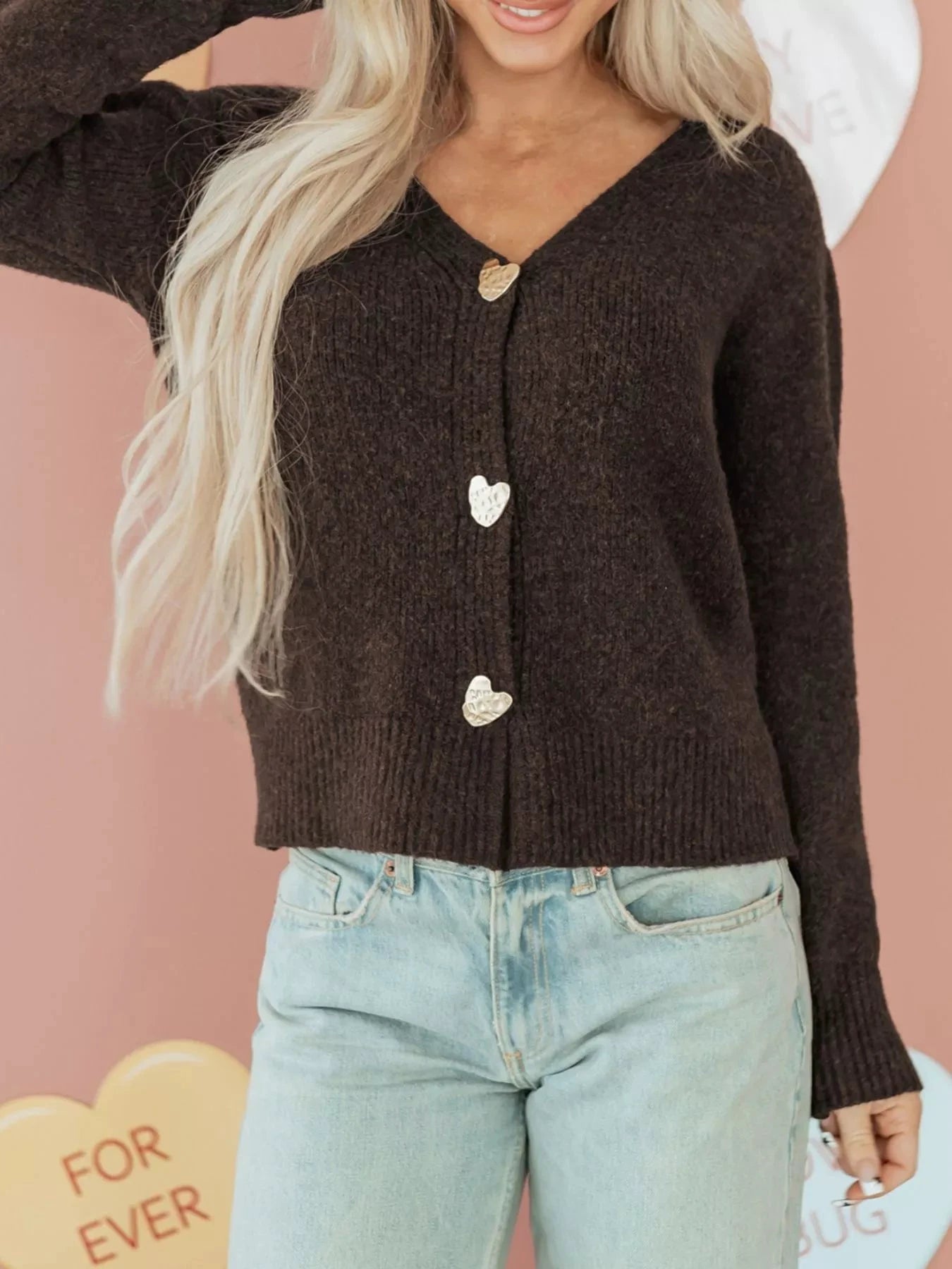 Heart Metal Button V Neck Cardigan Sweater by Trendsi