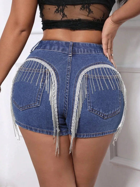Fringe Back Denim Shorts with Pockets by eprolo
