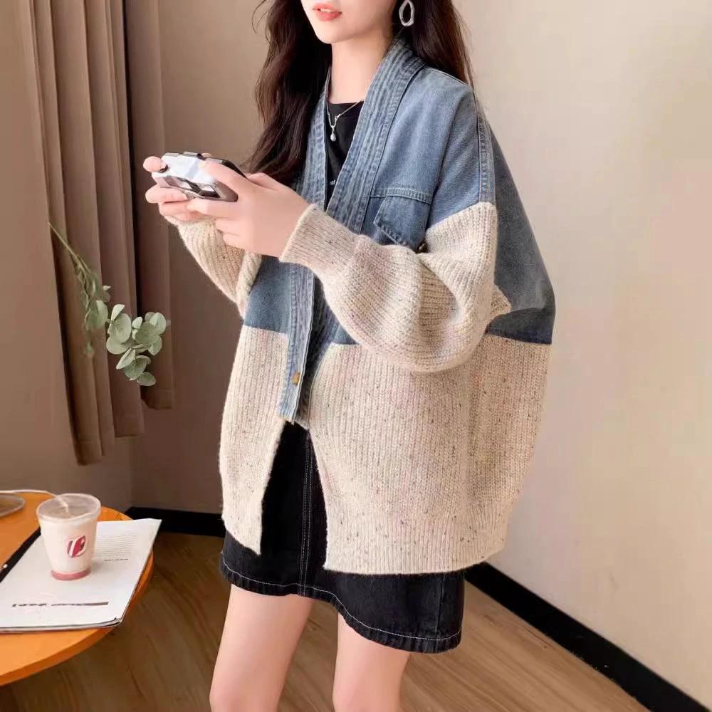 Casual Knit Cardigan with Denim Patchwork for Women Loose Bohemian Style Autumn/Winter Outerwear Top by eprolo