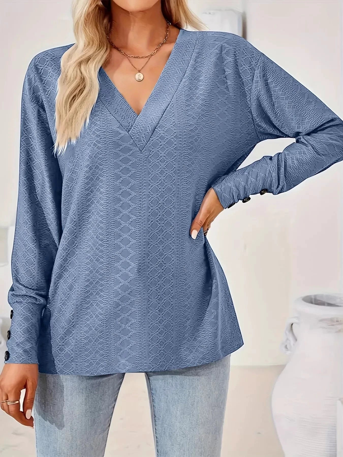 Plus Size V-Neck Textured Long Sleeve T-Shirt by Trendsi