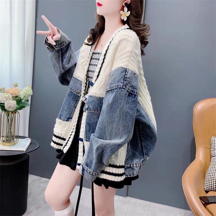 Loose Lazy Style Denim Patchwork Knit Cardigan for Women Retro Versatile Outerwear Top Trendy by eprolo