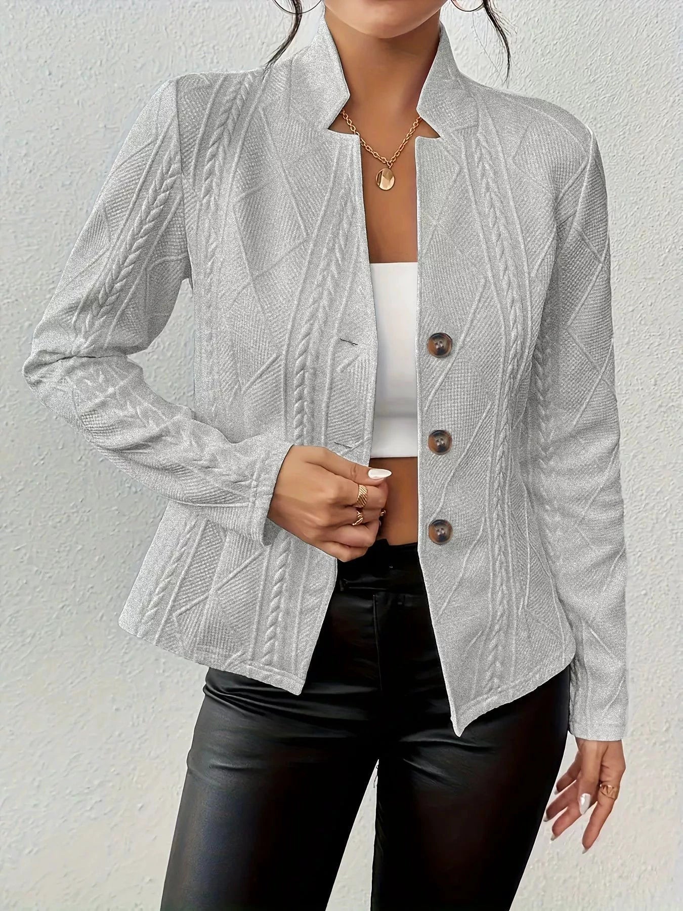 Textured Knit Button-Front Blazer by Trendsi