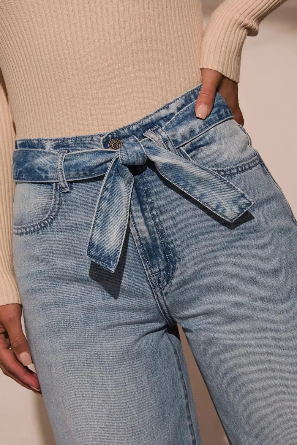Tied Wide Leg Jeans with Pockets by Trendsi