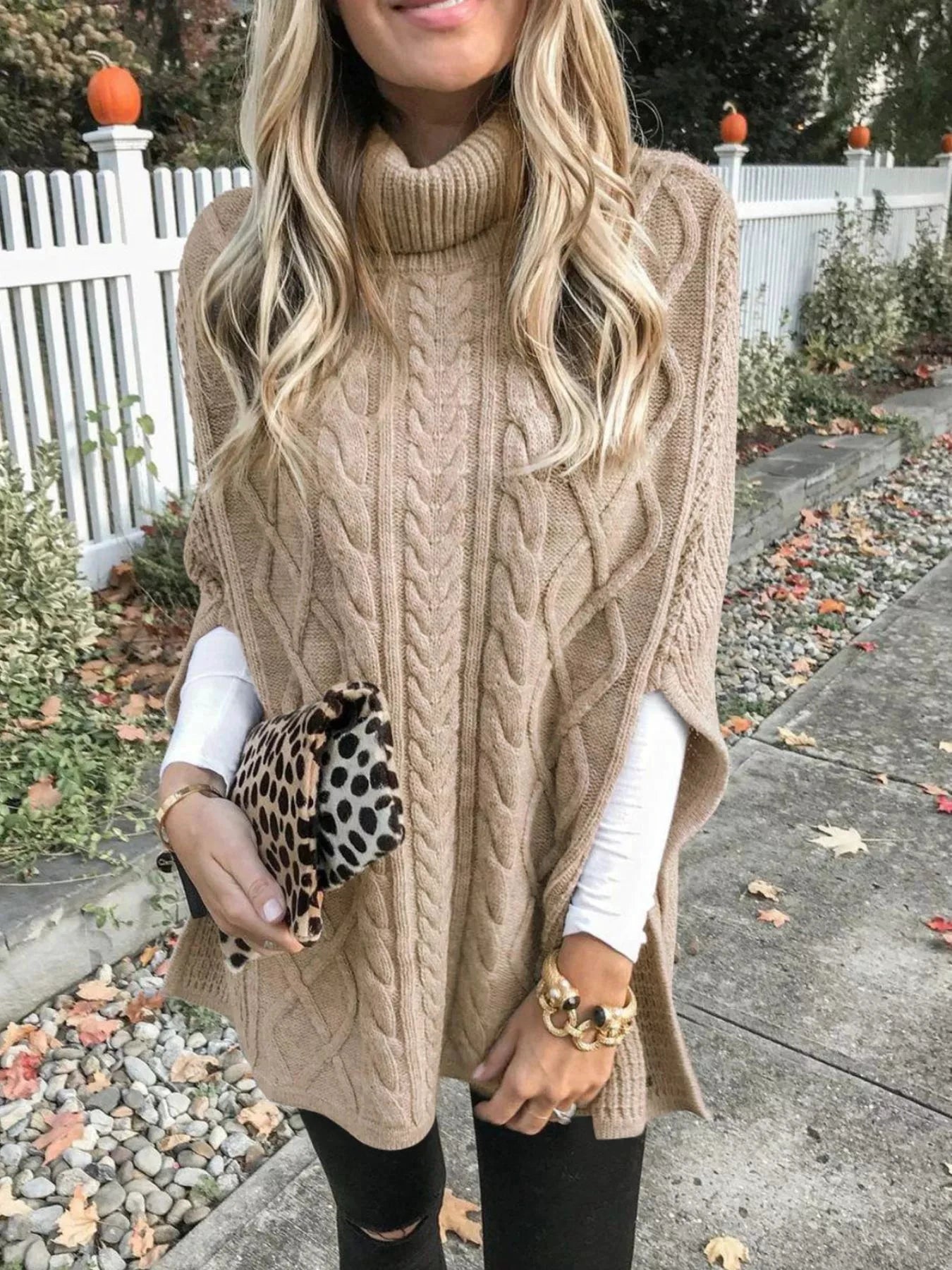 Chunky Cable Knit Turtleneck Poncho Cover Up by Trendsi