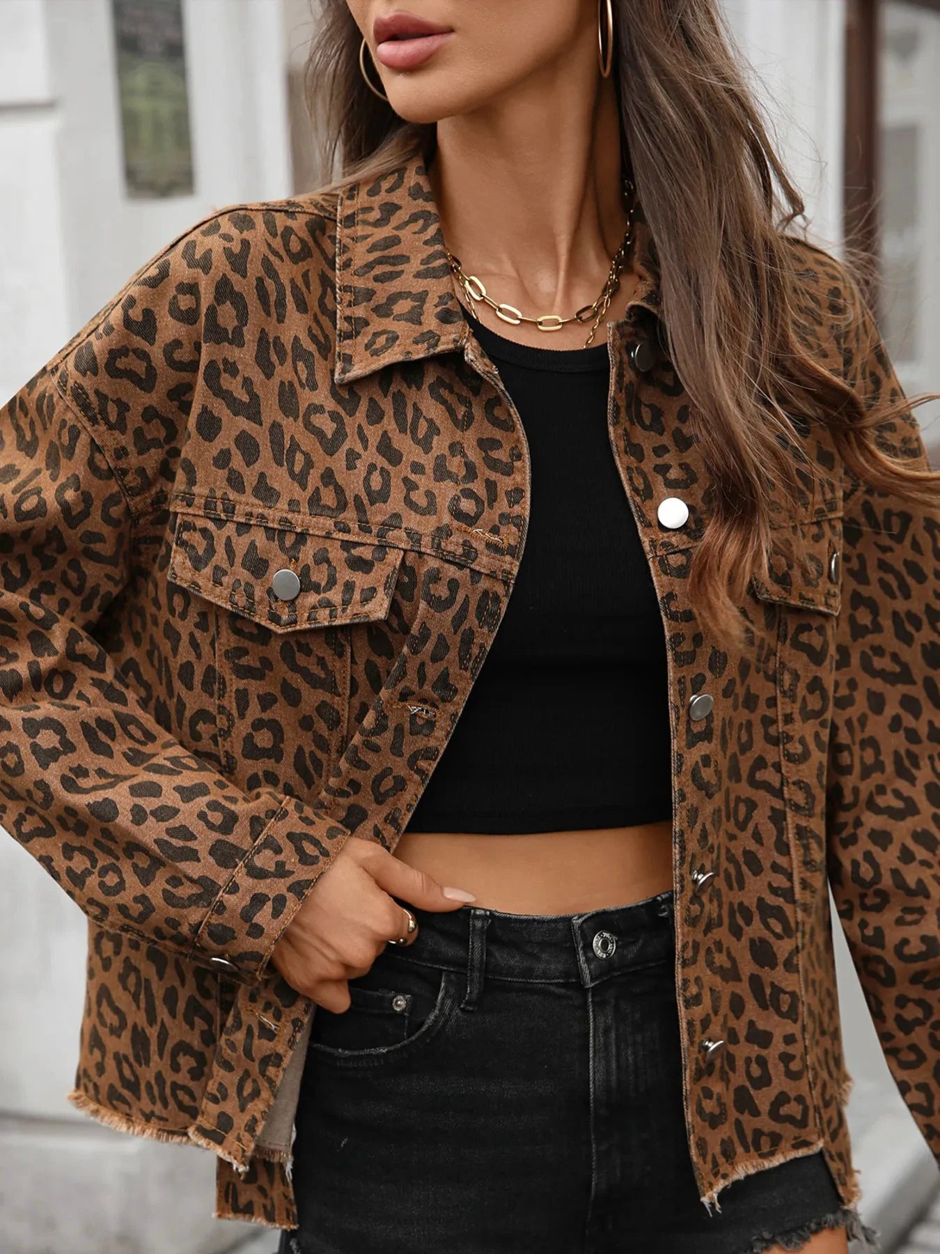 Leopard Print Raw Hem Denim Jacket by Trendsi
