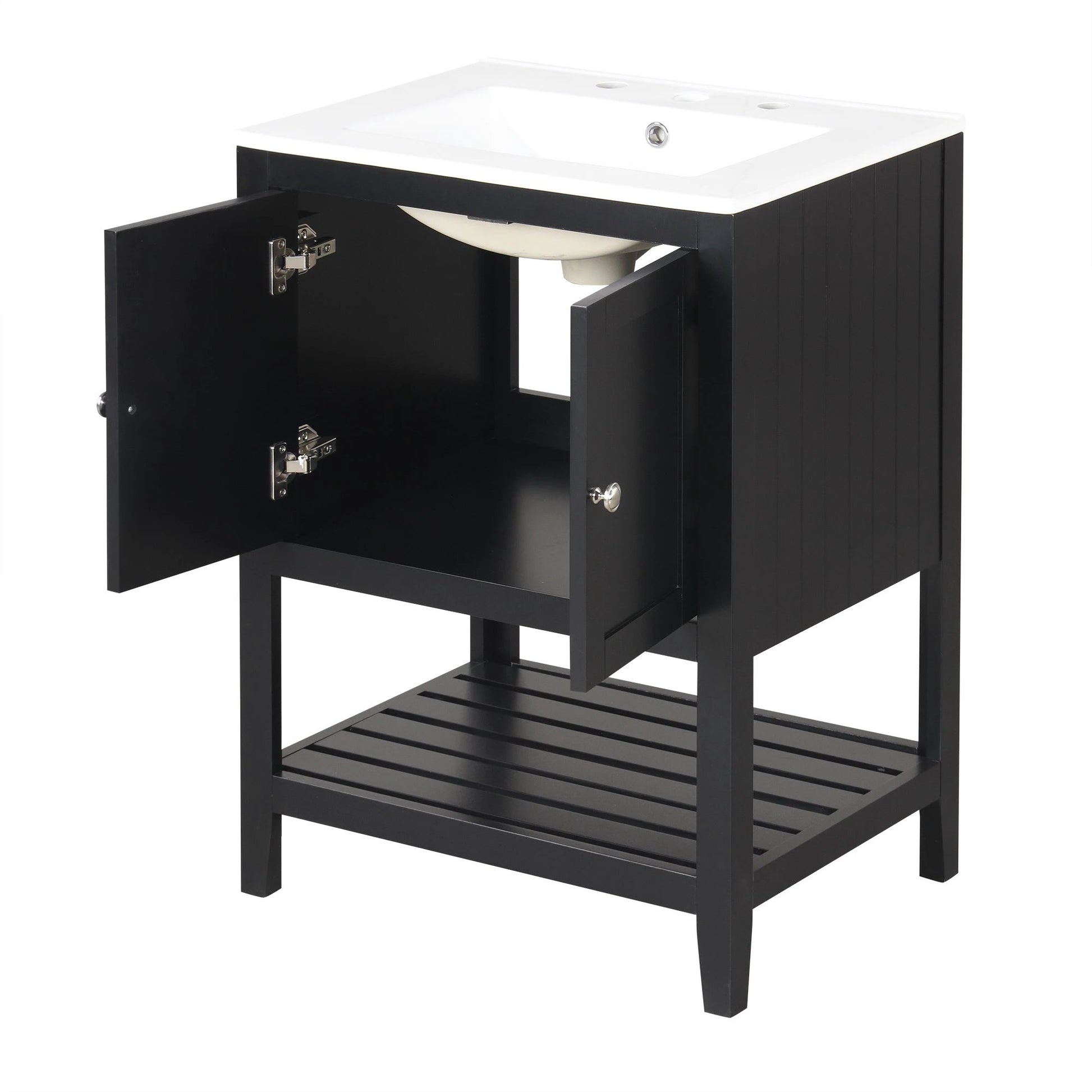 24" Black Modern Sleek Bathroom Vanity Elegant Ceramic Sink with Solid Wood Frame Open Style Shelf by eprolo