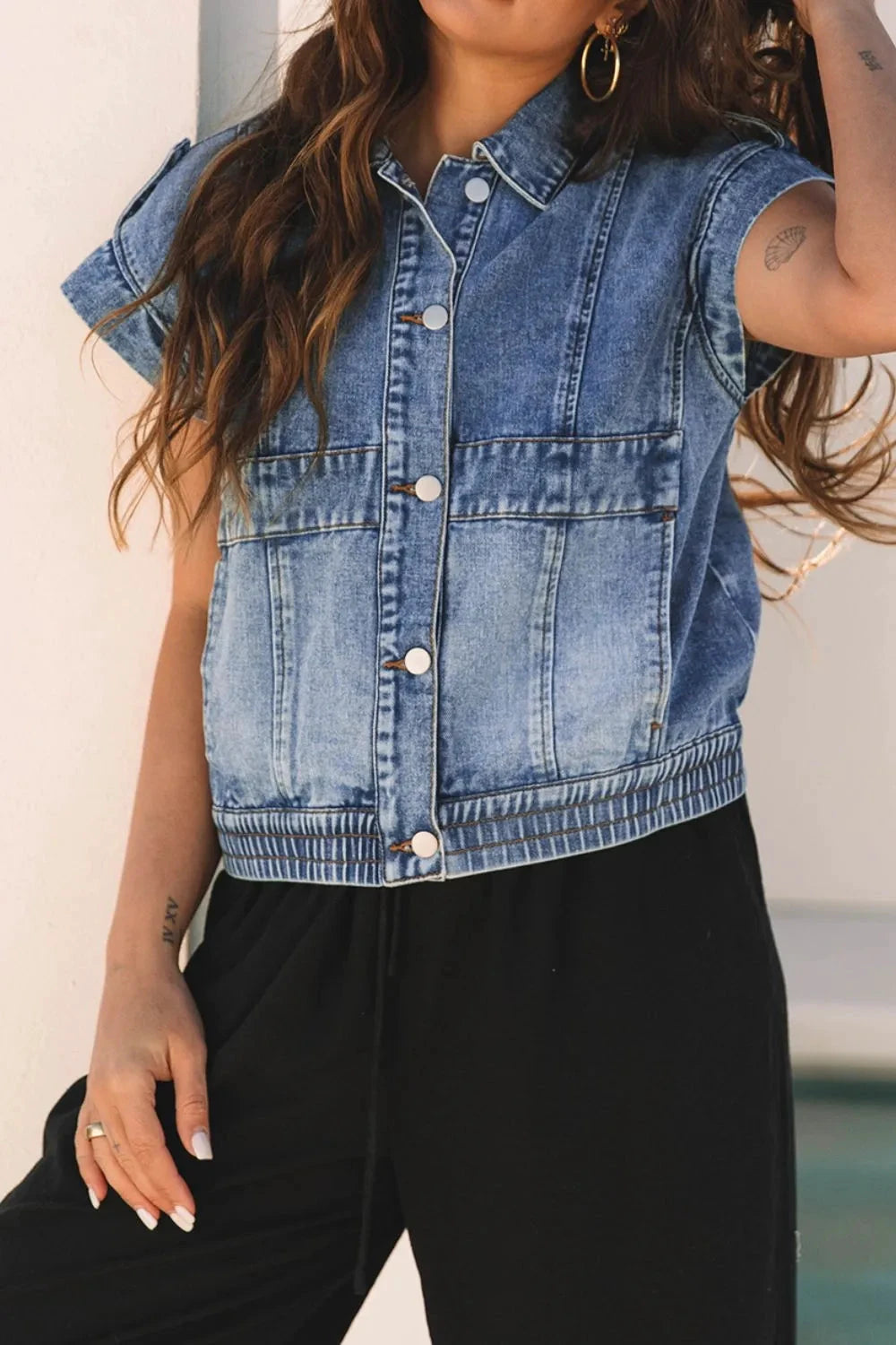 Button Up Cap Sleeve Denim Jacket by Trendsi