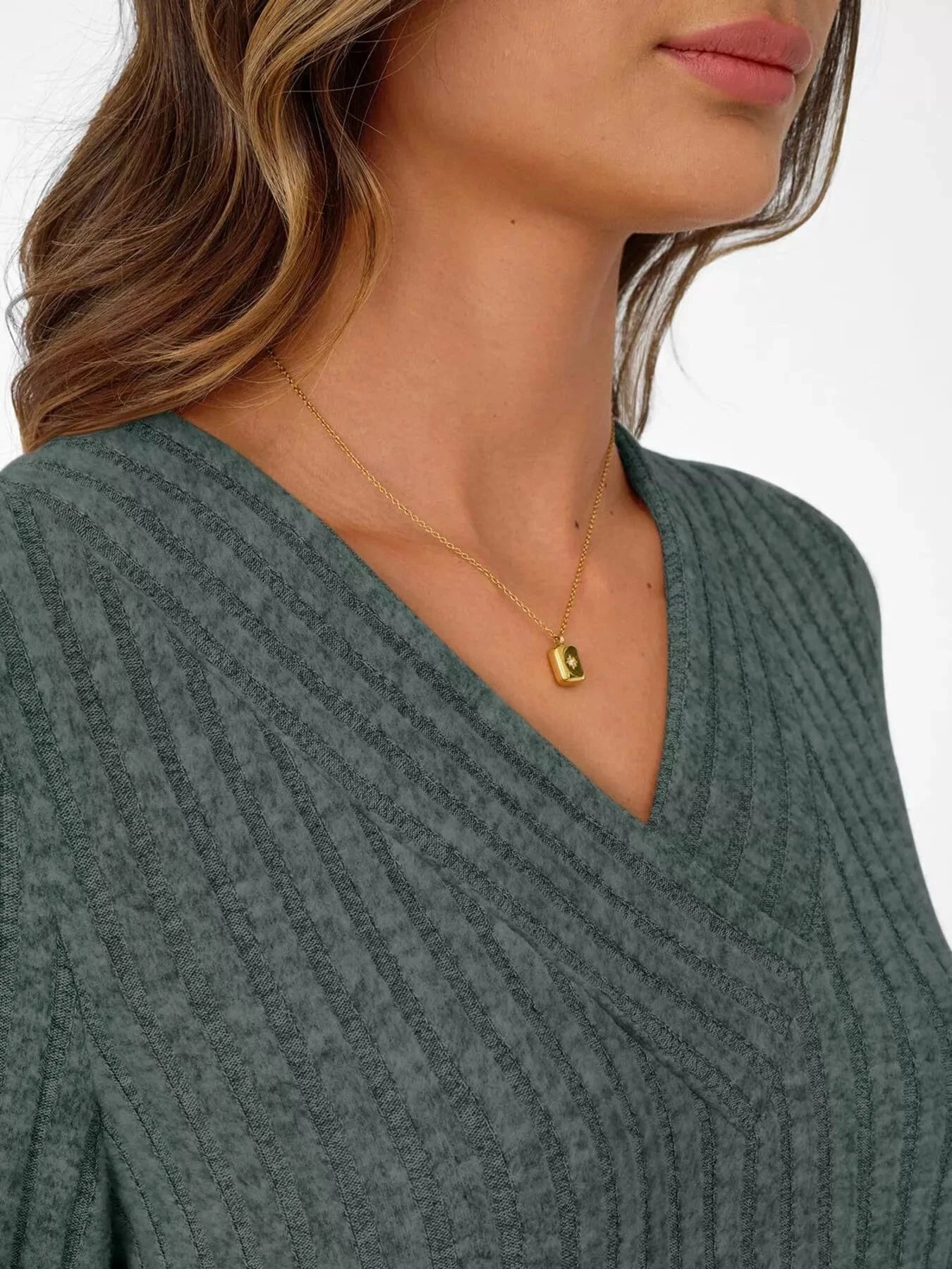 Ribbed Knit V-Neck Long Sleeve T-Shirt by Trendsi