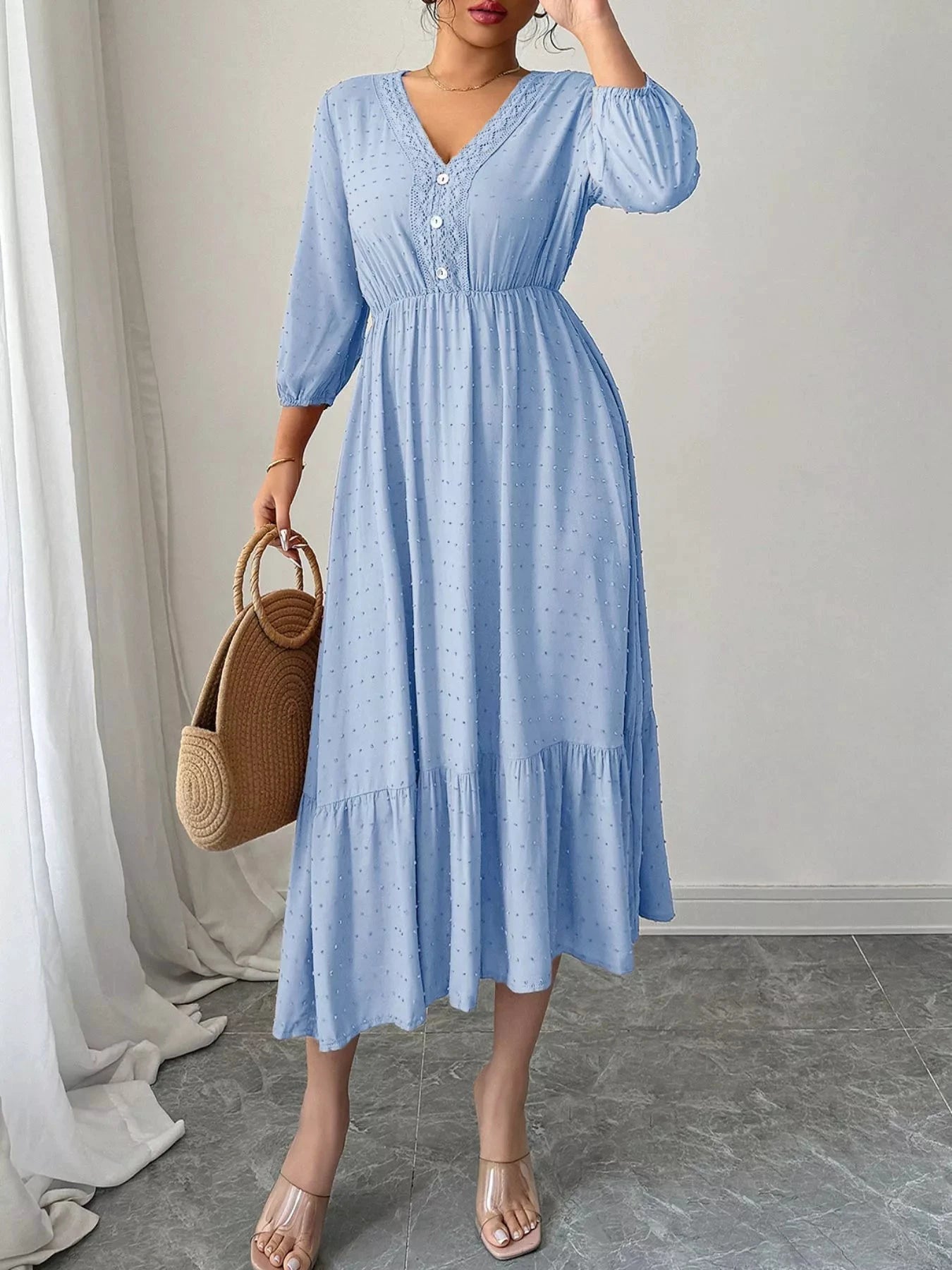 Swiss Dot Ruffle Hem Midi Dress by Trendsi