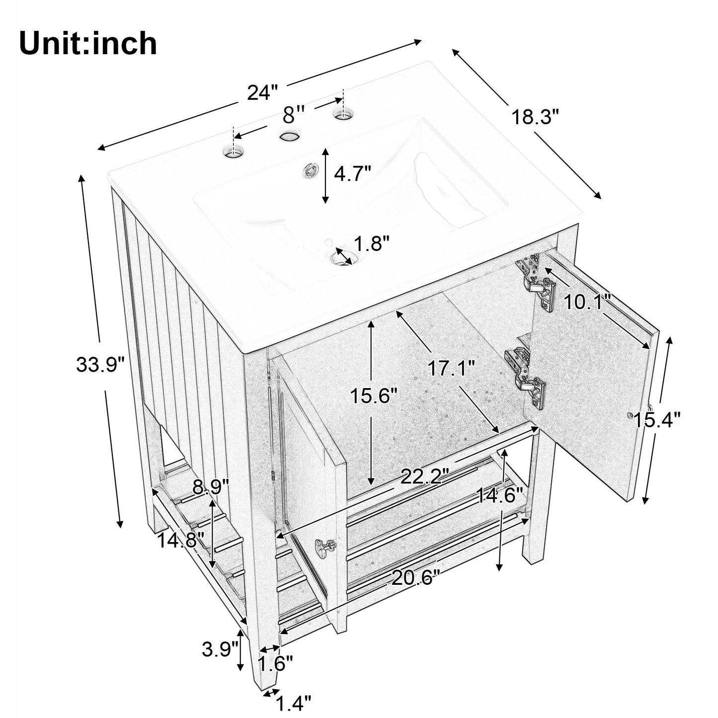24" Black Modern Sleek Bathroom Vanity Elegant Ceramic Sink with Solid Wood Frame Open Style Shelf by eprolo