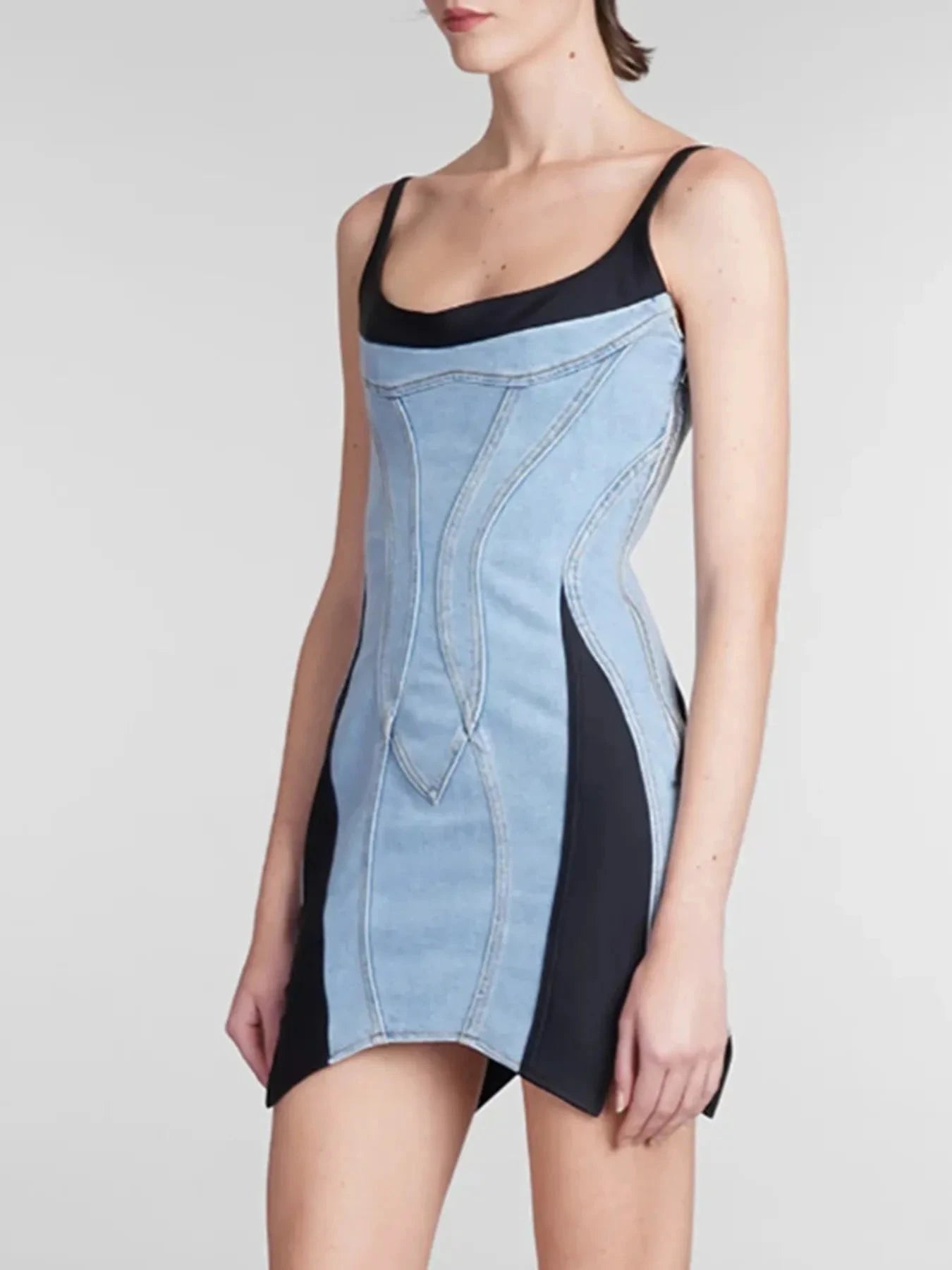 Contrast Adjustable Strap Denim Dress by Trendsi