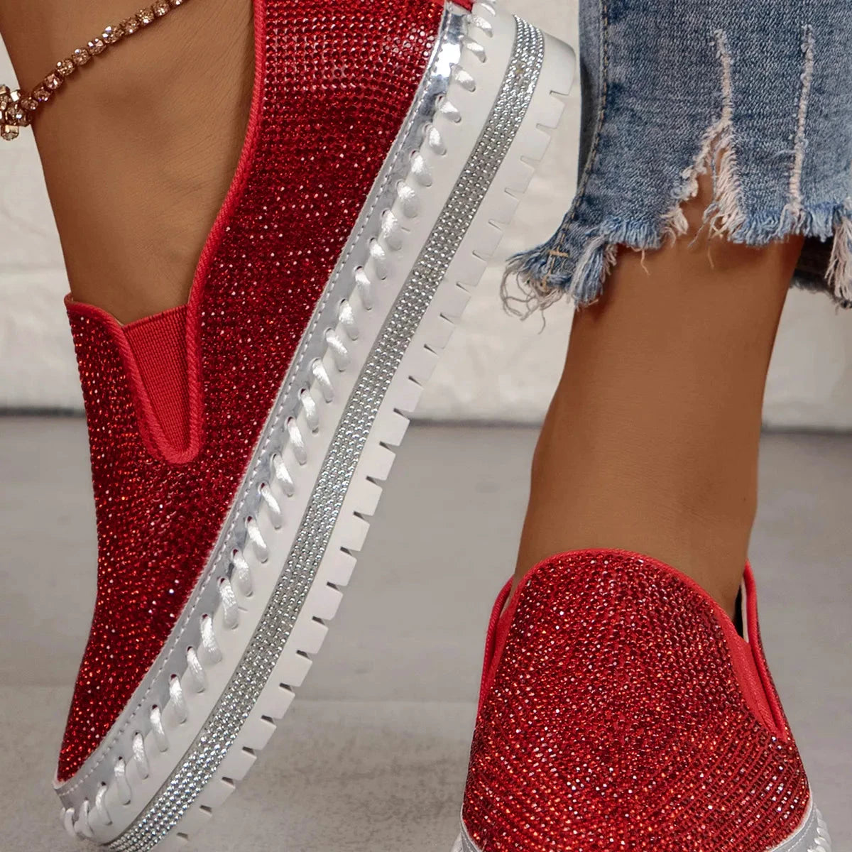 Rhinestone Round Toe Platform Loafers by Trendsi