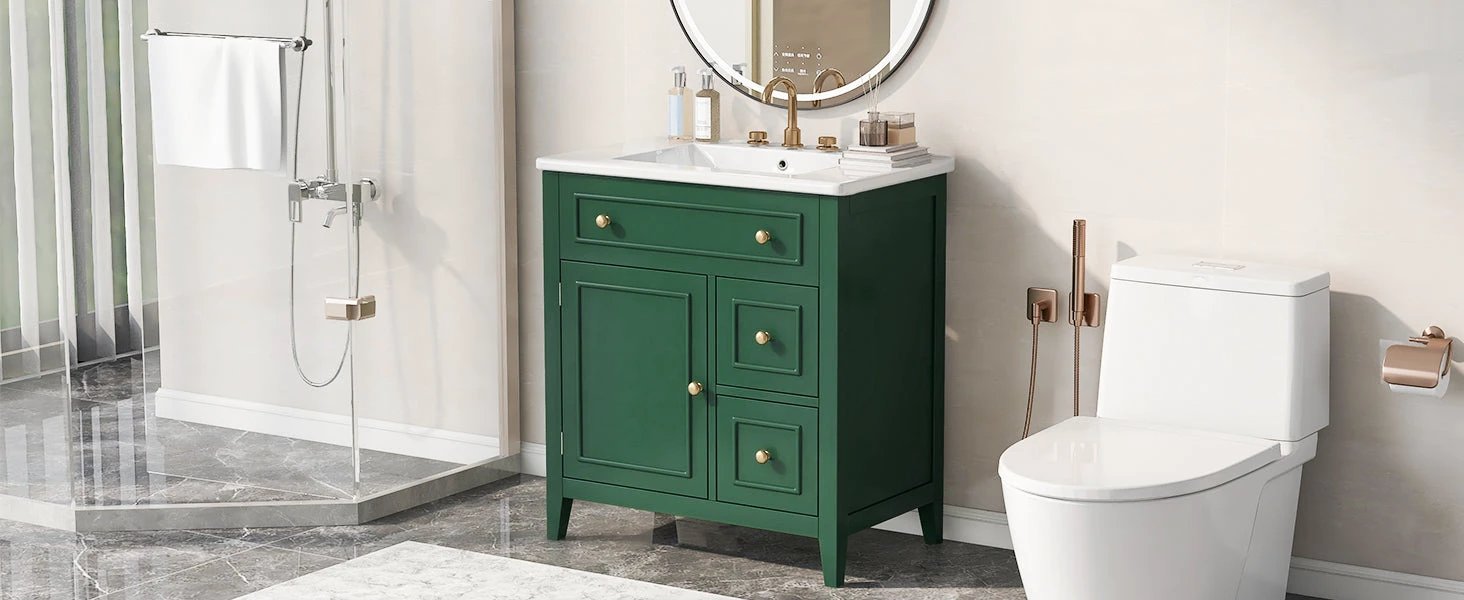30" Bathroom Vanity with Sink Top, Bathroom Vanity Cabinet with Door and Two Drawers, Solid Wood Frame, One Package, Green by eprolo