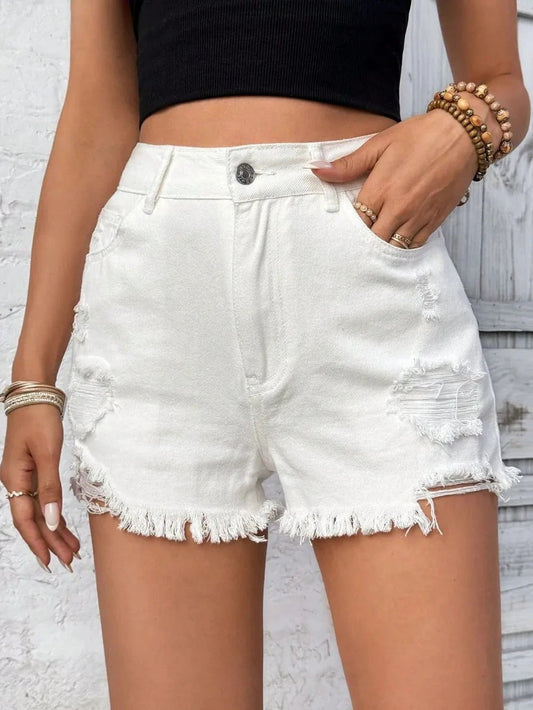 Distressed Raw Hem High Rise Denim Shorts by eprolo