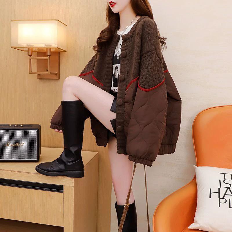 Relaxed Korean-Style Patchwork Knit Cardigan for Women, Oversized Design, Thick Autumn/Winter Sweater Coat by eprolo