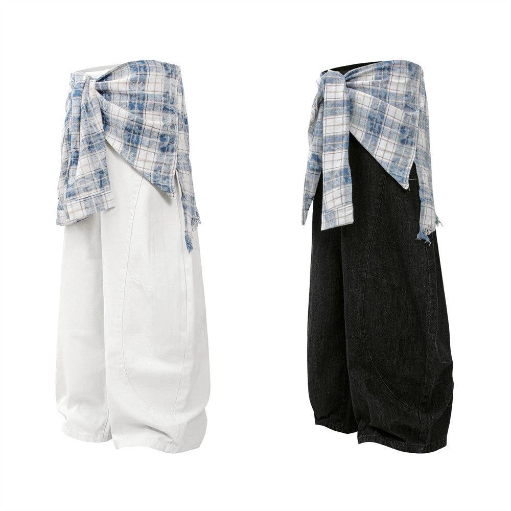 Fake Two Piece Checkered Spliced Waist Strap Loose Wide Leg Pants by eprolo