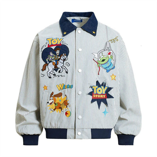 Cartoon Embroidery Vertical Stripe Contrasting Lapel Jacket by eprolo