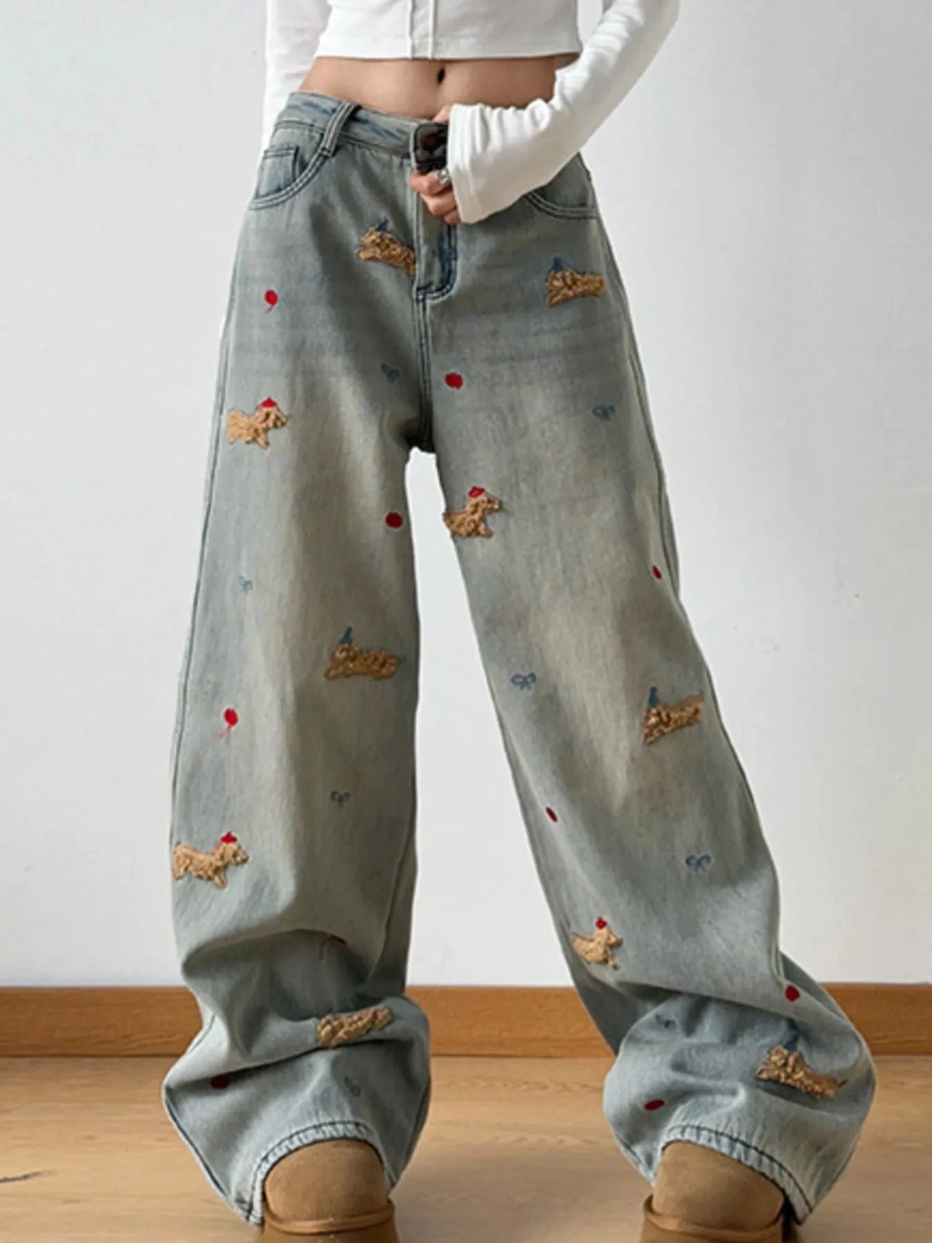 Embroidered Wide Leg Jeans by Trendsi