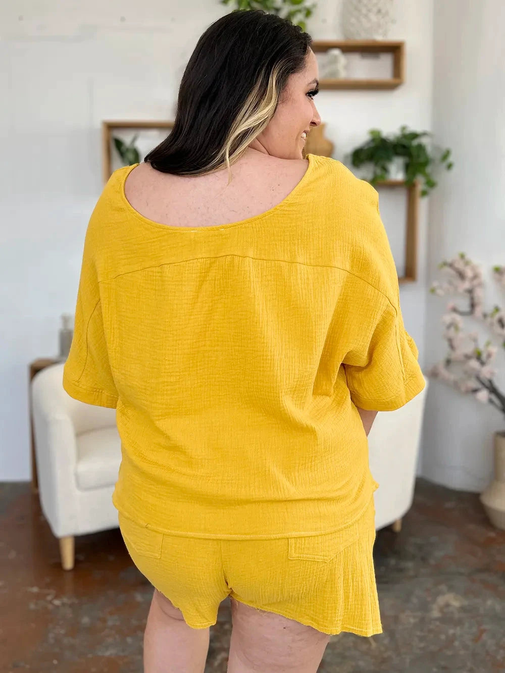 Double Take Texture Half Sleeve T-Shirt and Drawstring Shorts Set by Trendsi