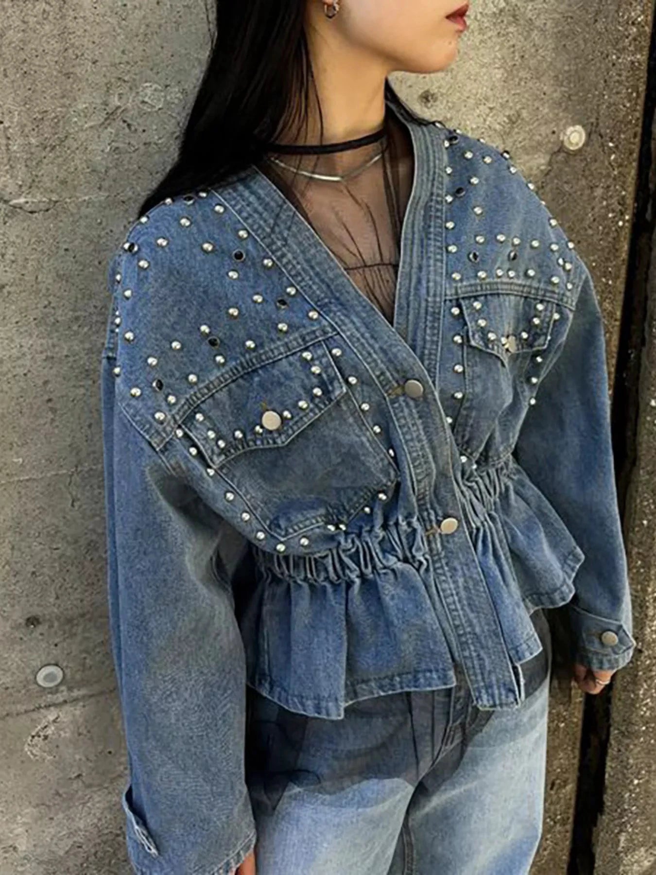 Studded Button Up Denim Jacket by Trendsi