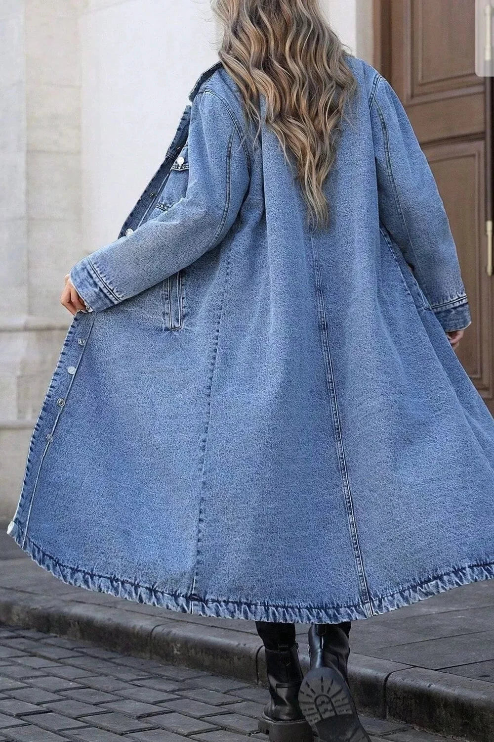 Longline Button-Down Denim Jacket by Trendsi