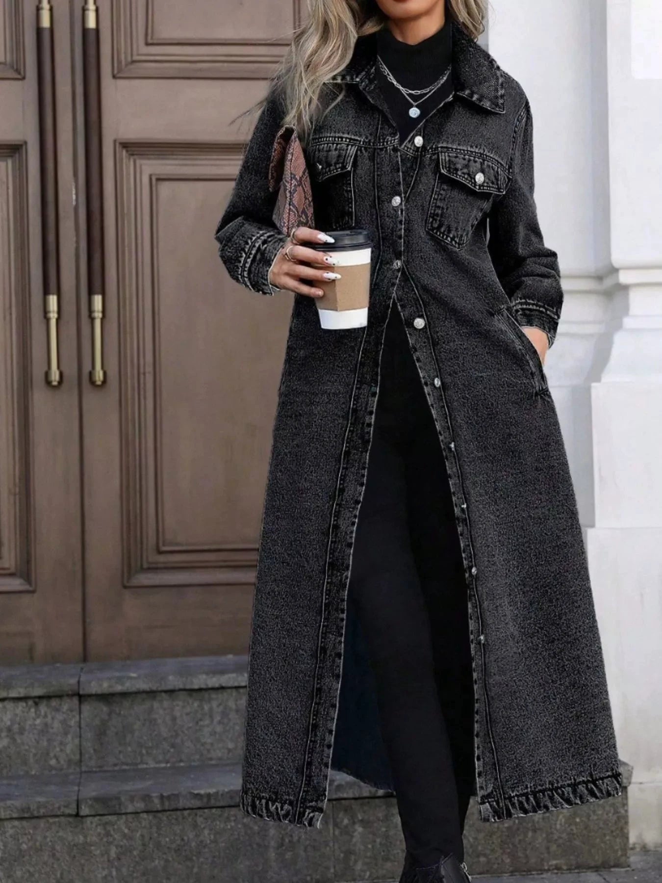 Longline Button-Front Denim Jacket by Trendsi