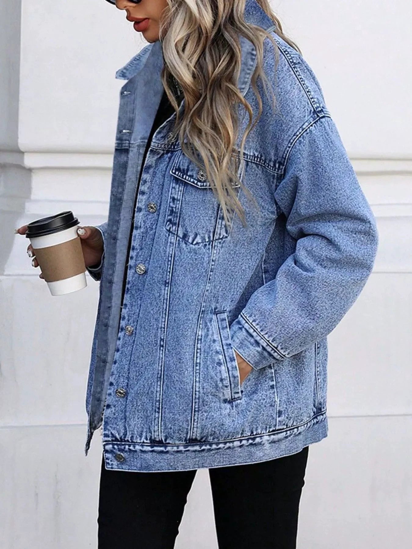 Washed Button Up Oversized Denim Jacket by Trendsi