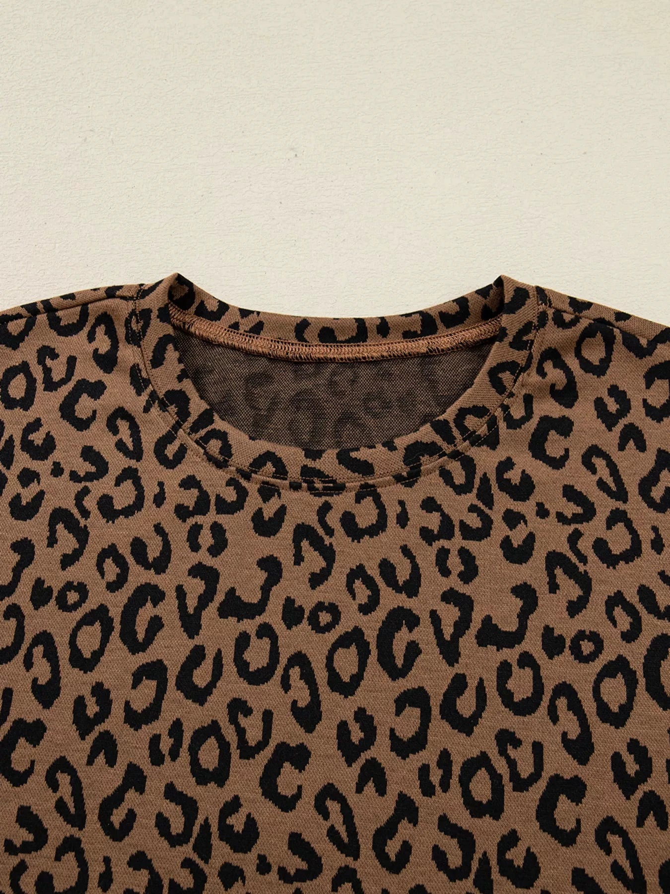 Striped Trim Leopard Long Sleeve Top Drawstring Pant Set by Trendsi