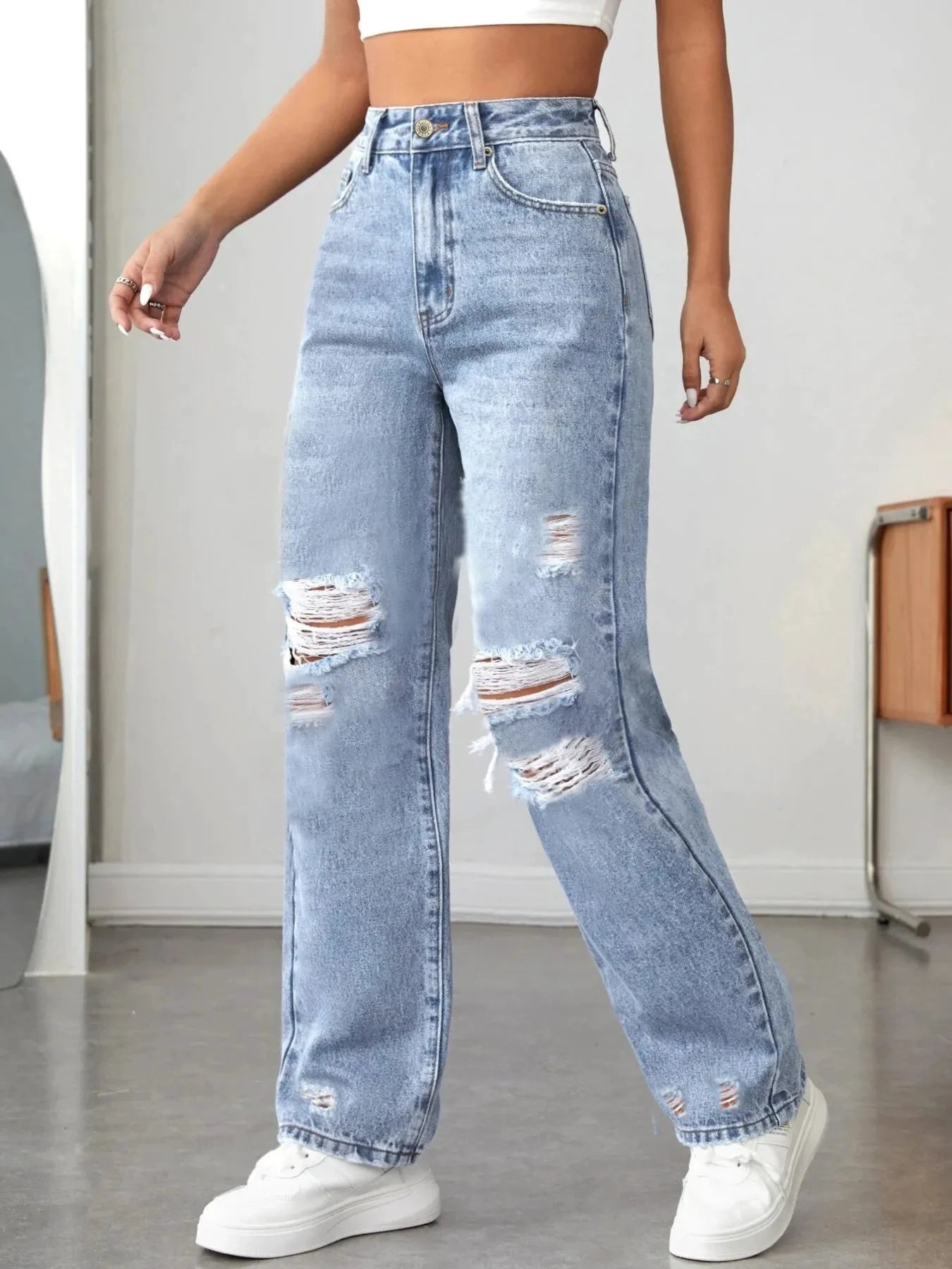 Distressed High Waisted Jeans by Trendsi