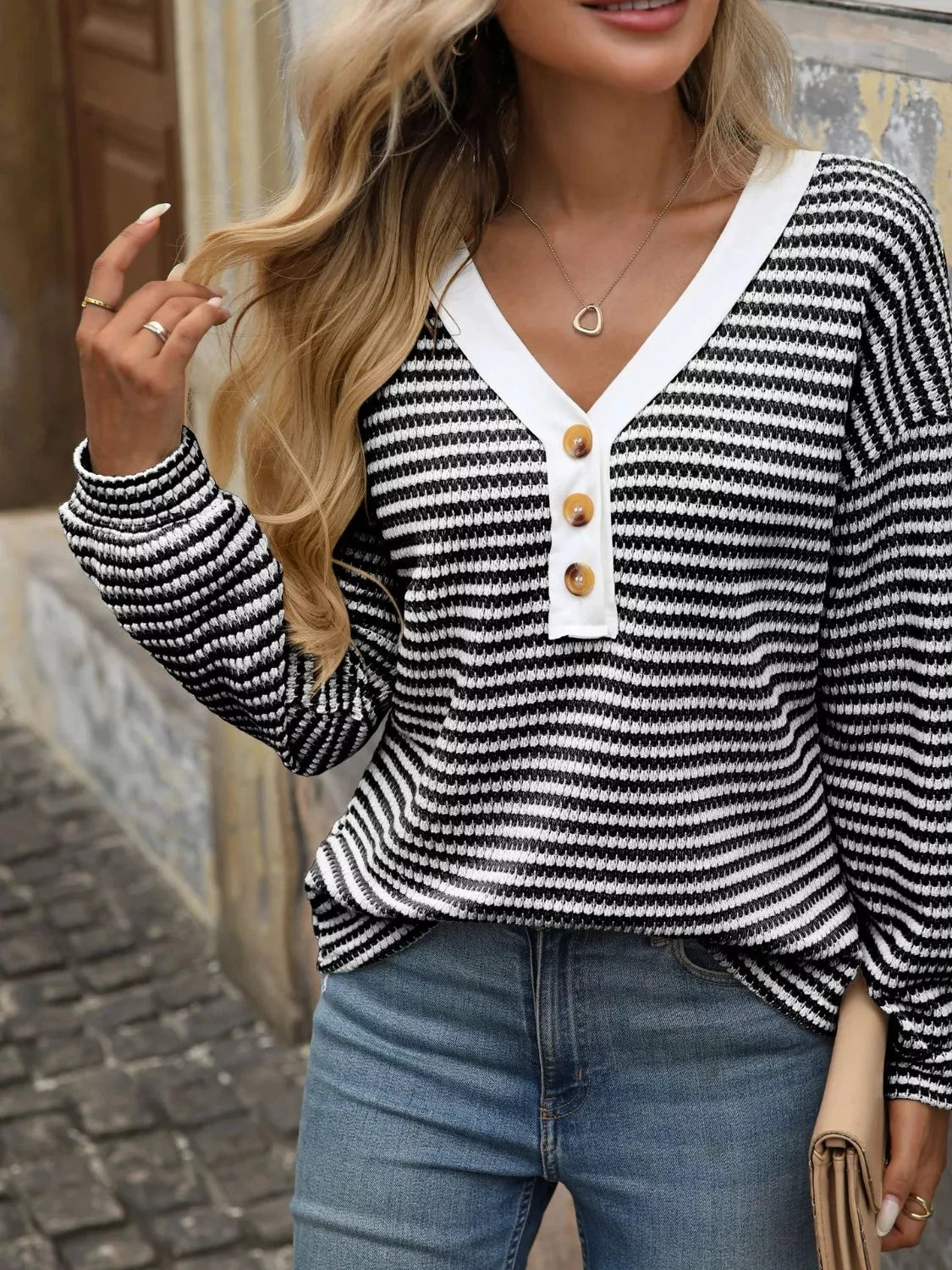 Striped Button Detail Long Sleeve T-Shirt by Trendsi