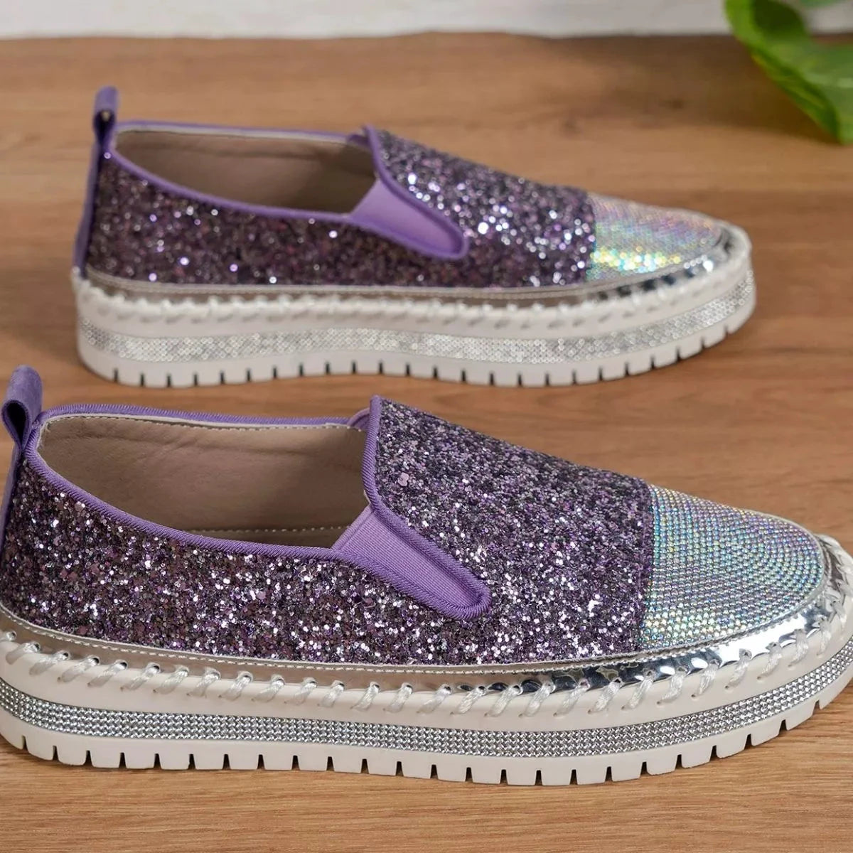 Rhinestone Sequin Round Toe Platform Loafers by Trendsi