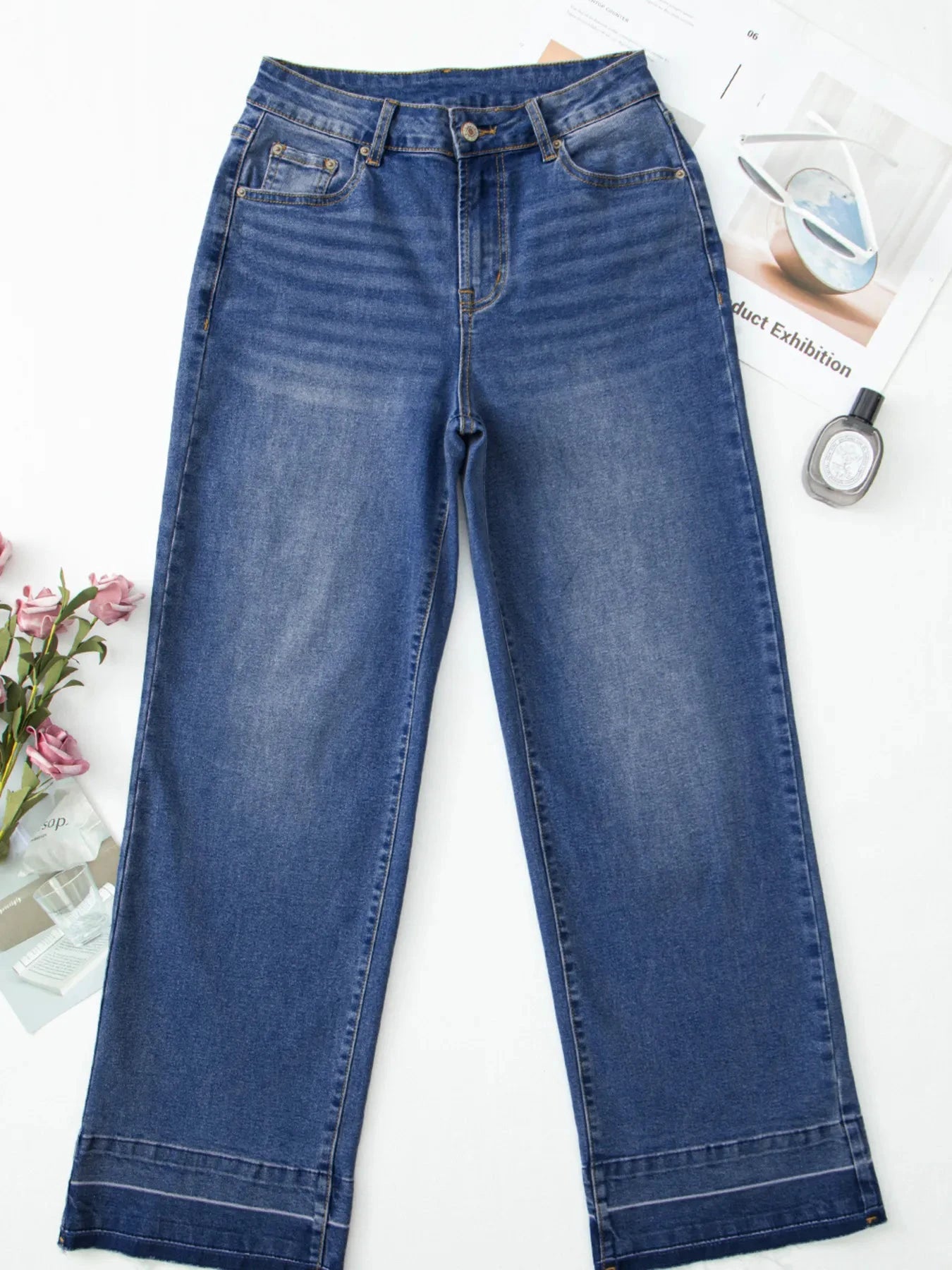 Raw Hem Unique Cuffs Straight High Rise Loose Jeans by Trendsi