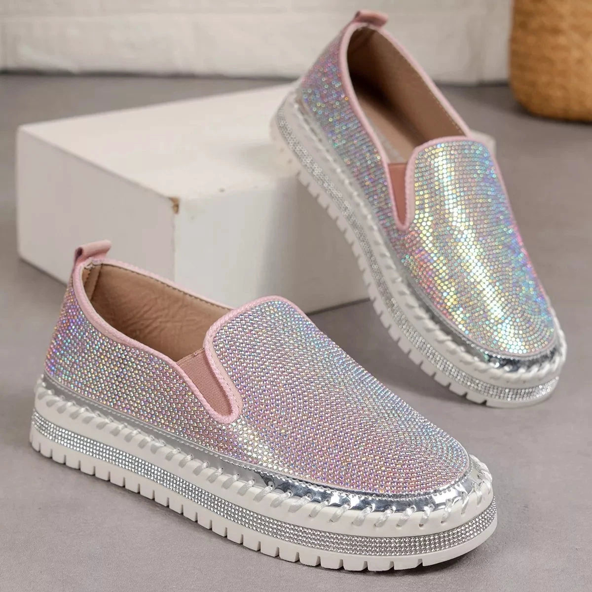 Rhinestone Round Toe Platform Loafers by Trendsi