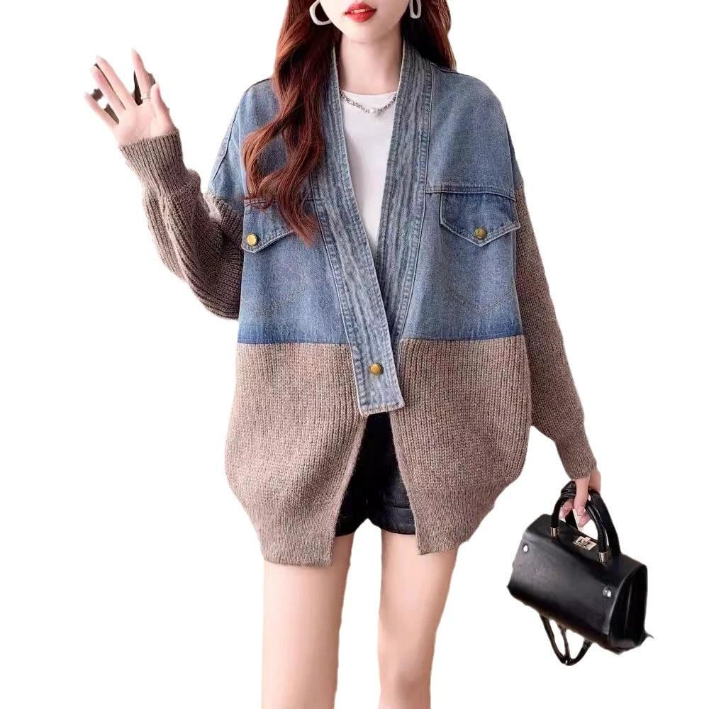 Casual Knit Cardigan with Denim Patchwork for Women Loose Bohemian Style Autumn/Winter Outerwear Top by eprolo