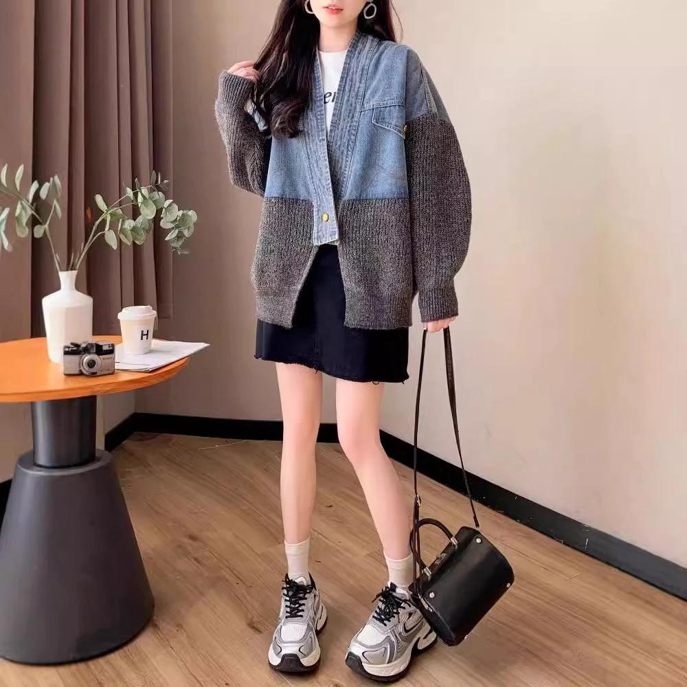 Casual Knit Cardigan with Denim Patchwork for Women Loose Bohemian Style Autumn/Winter Outerwear Top by eprolo