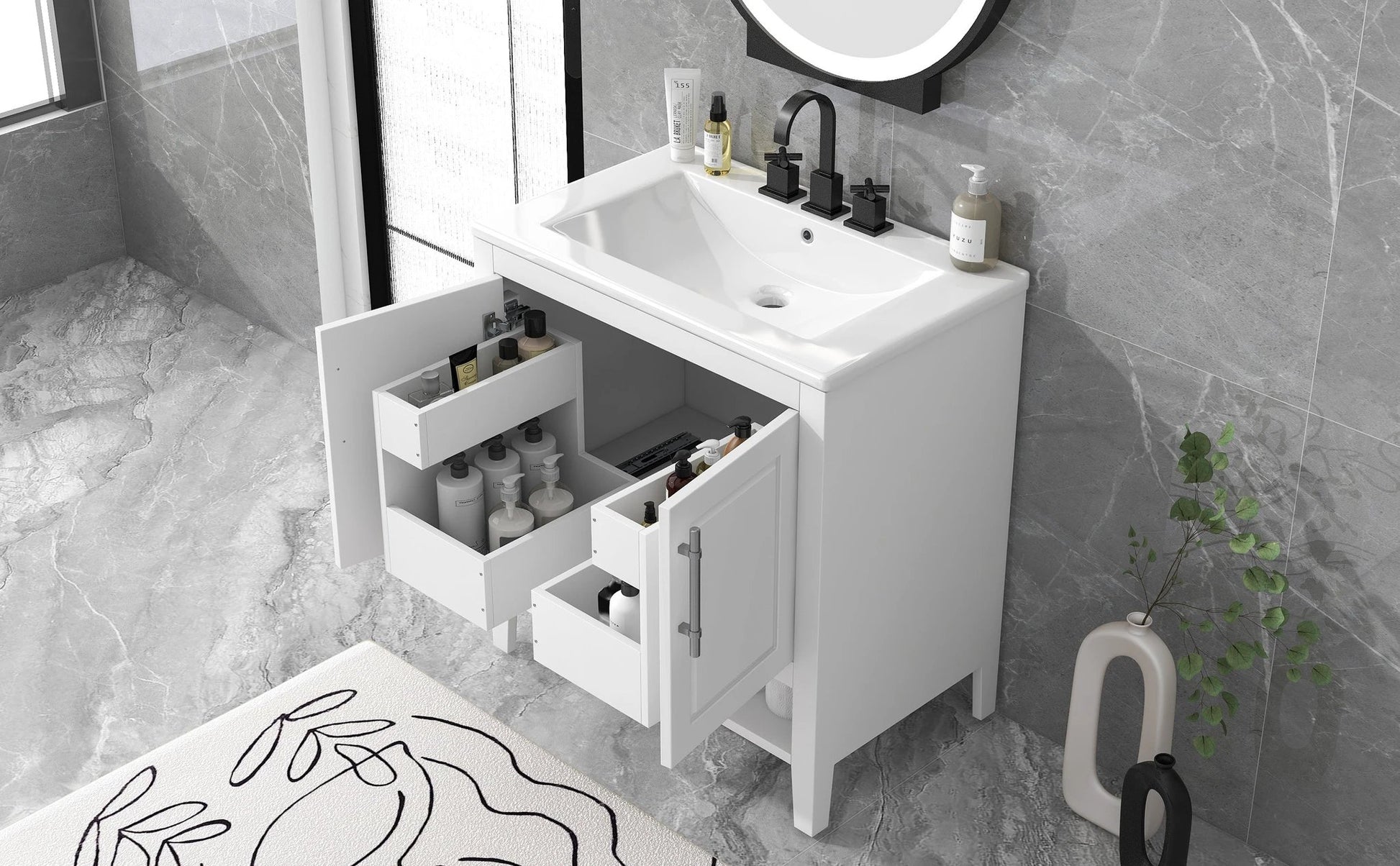 30" Bathroom Vanity with Sink Multi-functional Bathroom Cabinet with Doors and Drawers Solid Frame and MDF Board, White by eprolo