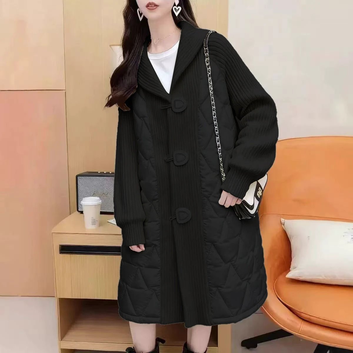 Feminine Knitted Cotton Coat with Disk Buttons, Notched Lapel, Patchwork Cardigan, Casual Loose Oversized European-Style Mid-Length Outerwear by eprolo