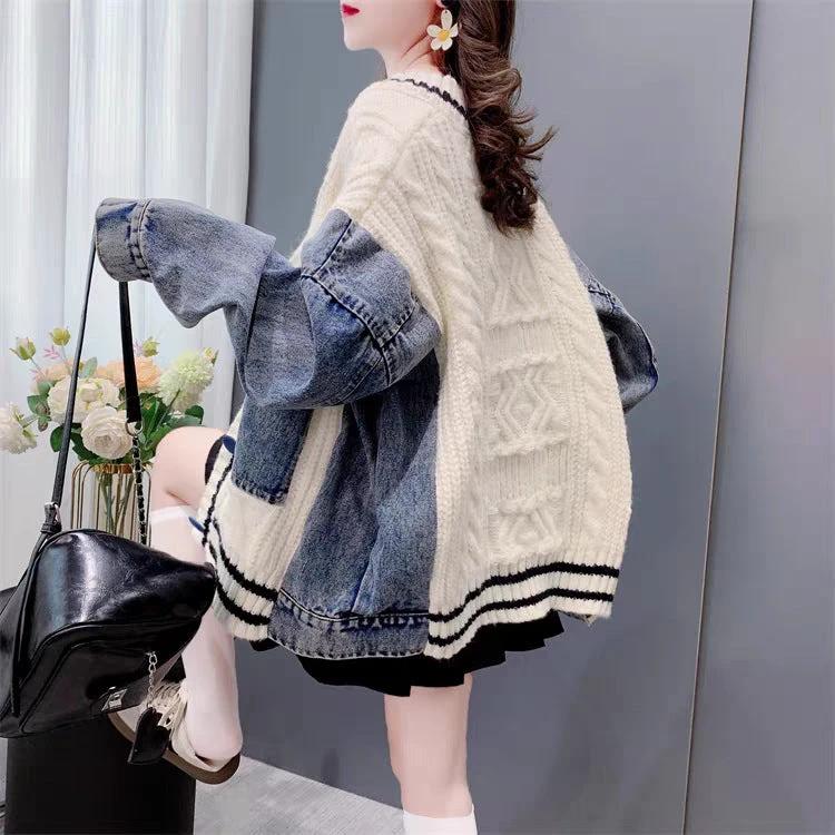 Loose Lazy Style Denim Patchwork Knit Cardigan for Women Retro Versatile Outerwear Top Trendy by eprolo