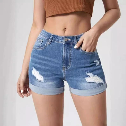 Elastic High-Waist Distressed Cuffed Denim Shorts for Women by eprolo